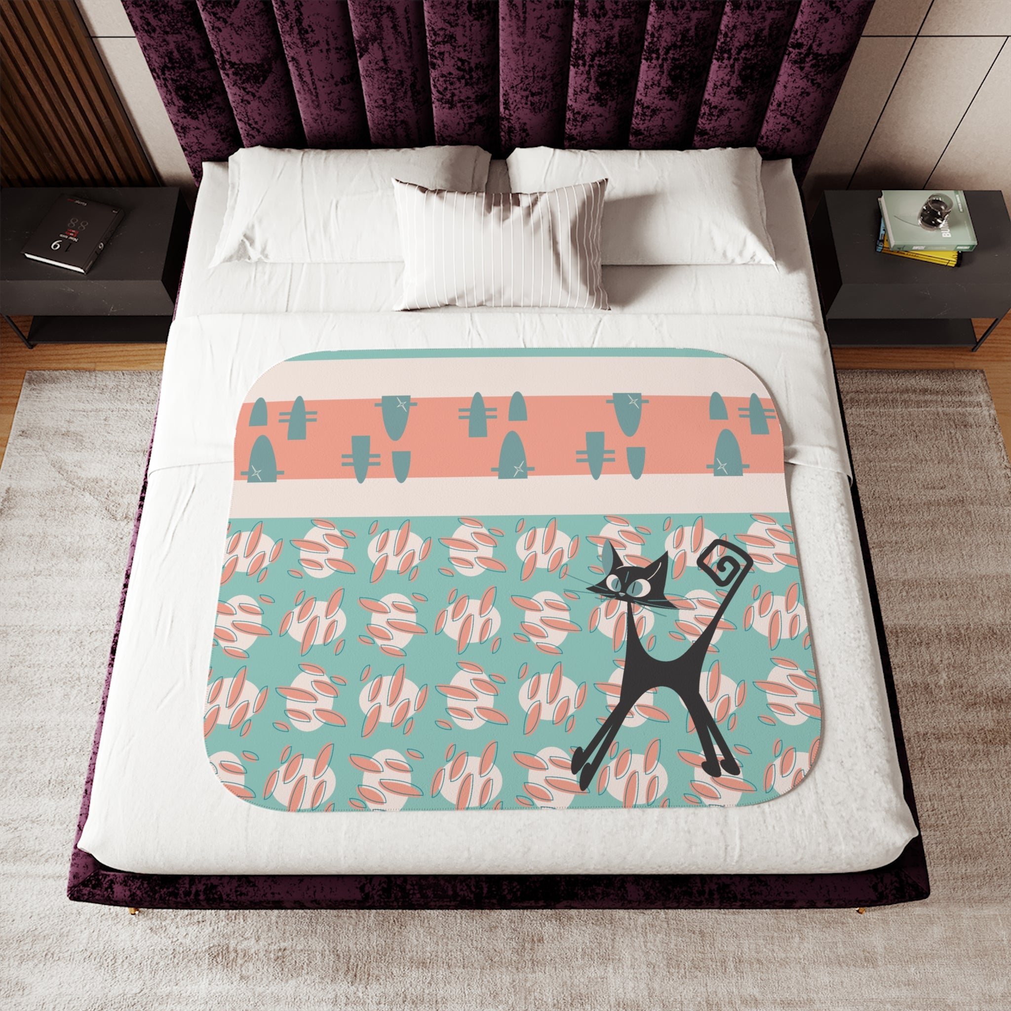 Mid Century Modern Atomic Cat Coral, Aqua Blue, Mid Mod Throw Blanket - Mid Century Modern Gal