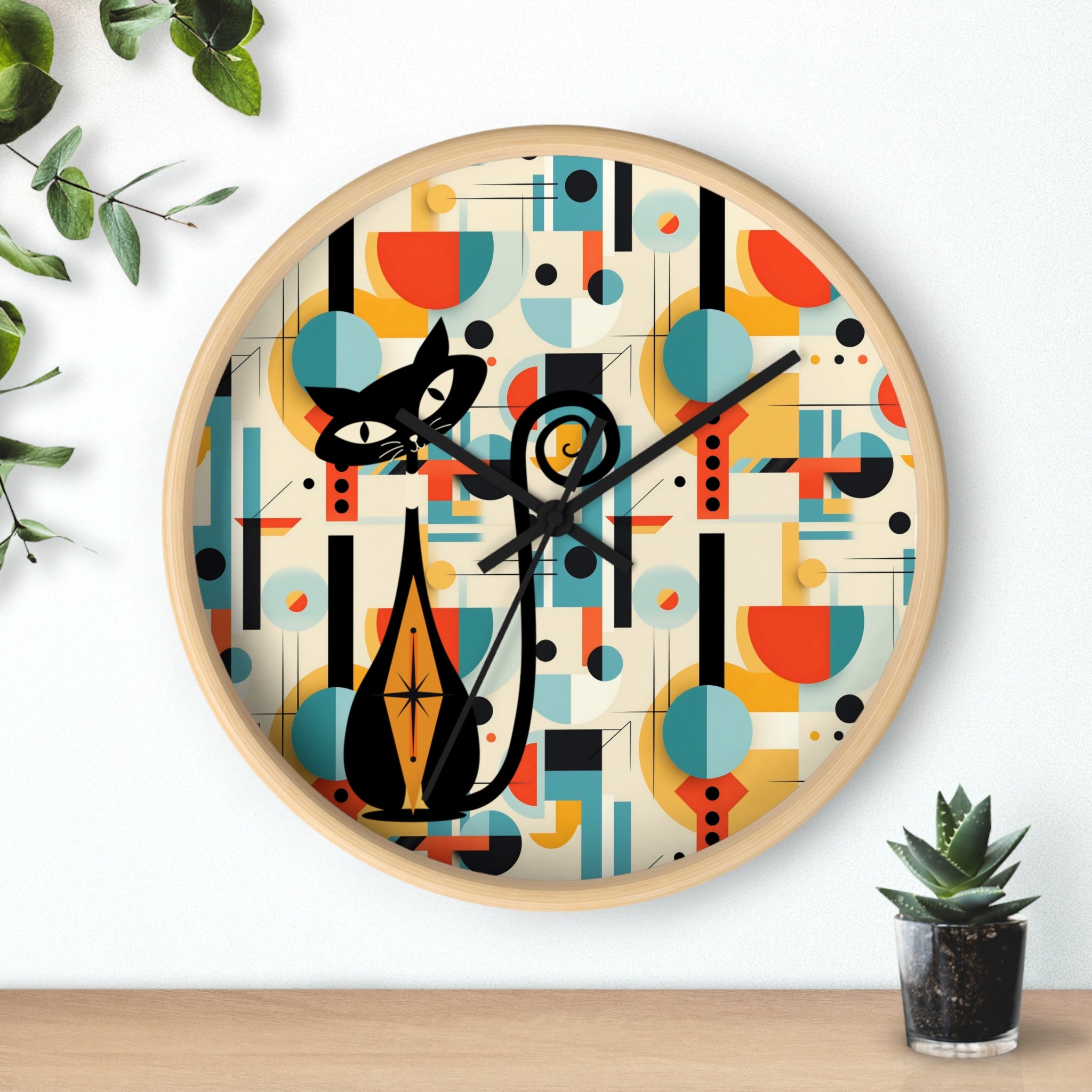 Atomic Cat Wall Clock, Bauhaus Designed Mid Century Modern Style Clock, MCM House Decor, Retro Style Cat Theme Clock - Mid Century Modern Gal