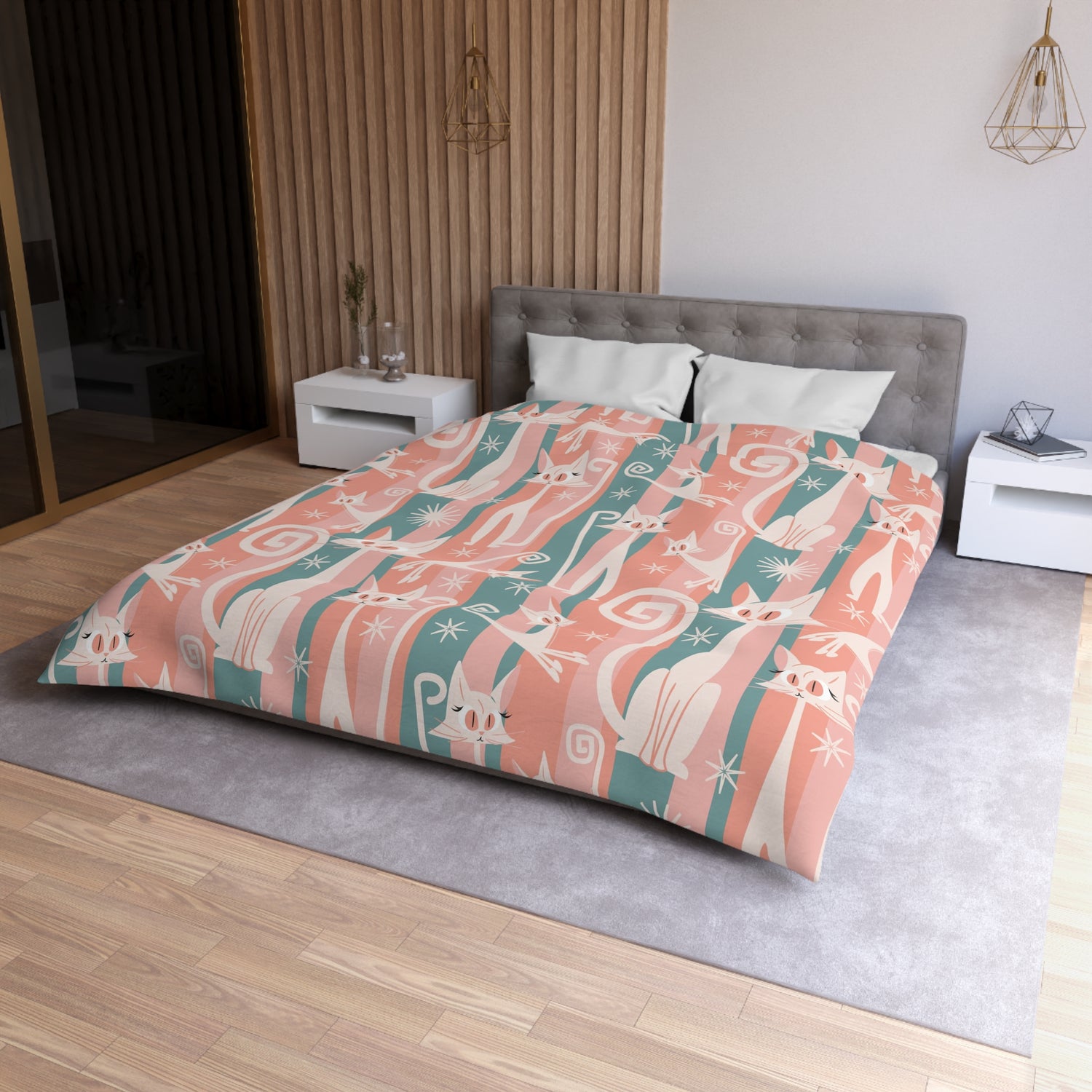 Atomic Cat Bedding, Pink, Aqua Kitschy White Kitties, Mid Century Modern Fun Quirky Duvet - Mid Century Modern Gal