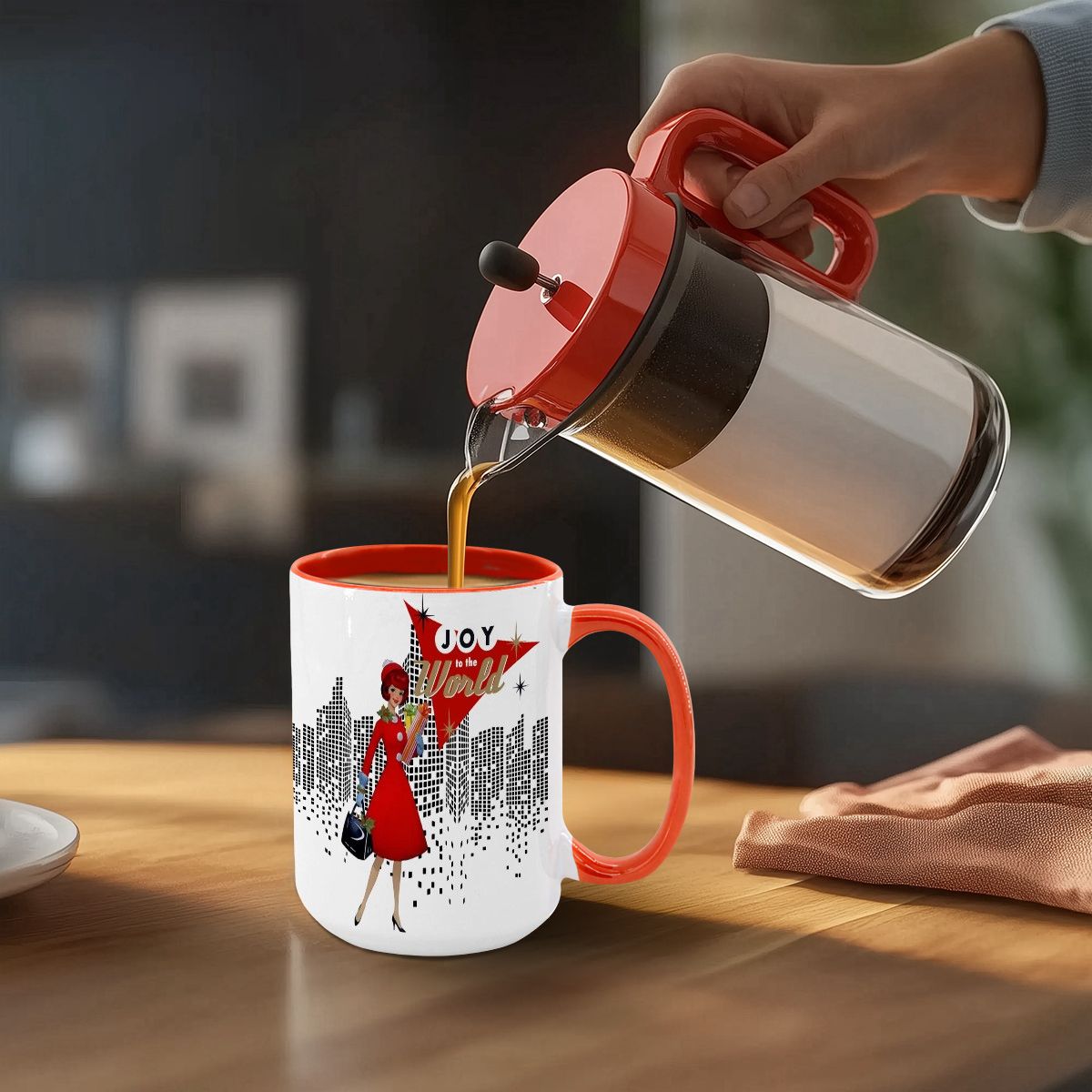 Mid Century Modern Christmas mug featuring a cityscape design and a stylish woman in red, perfect for holiday cheer.