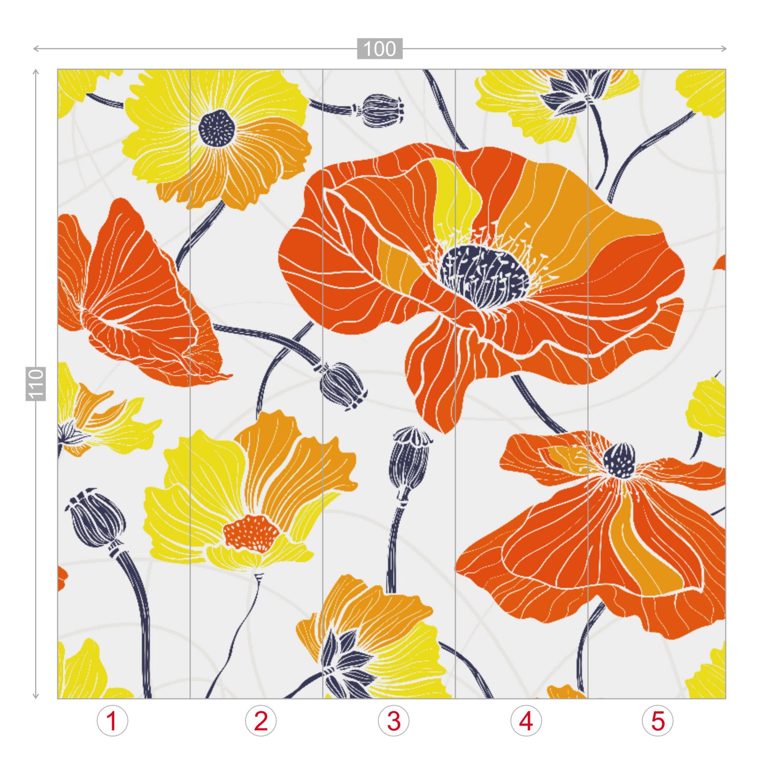Vintage Poppy Orange Yellow Retro Florals, Mid Century Modern Wall Murals - Mid Century Modern Gal
