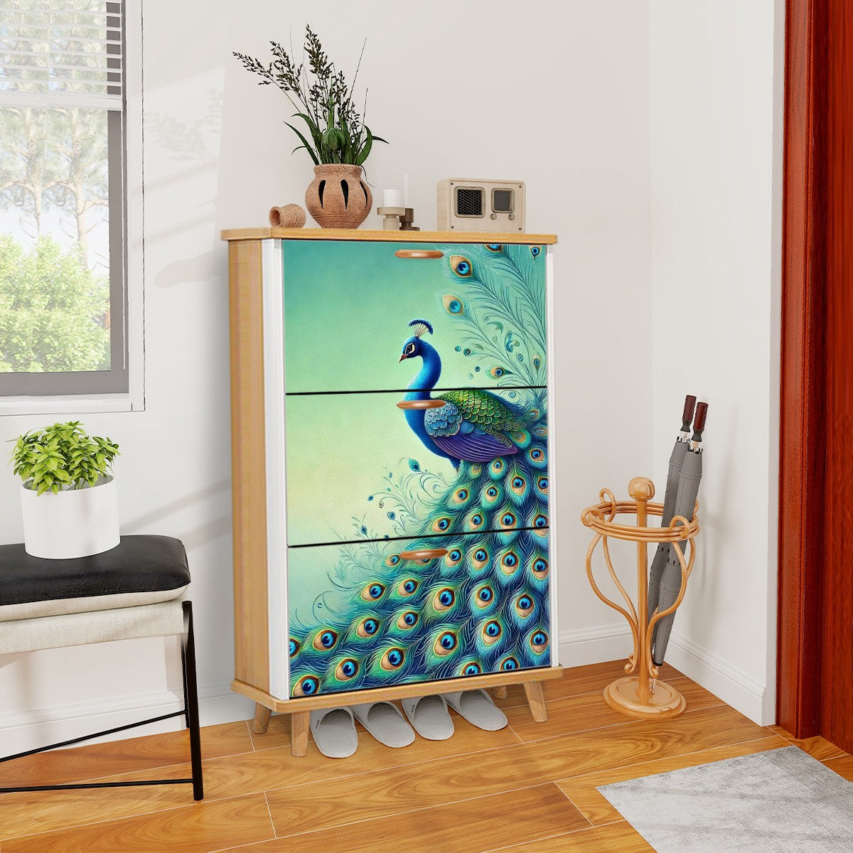 Peacock Watercolor Chinoserie Designed Blue Green, Modern Shoe Cabinet - Mid Century Modern Gal