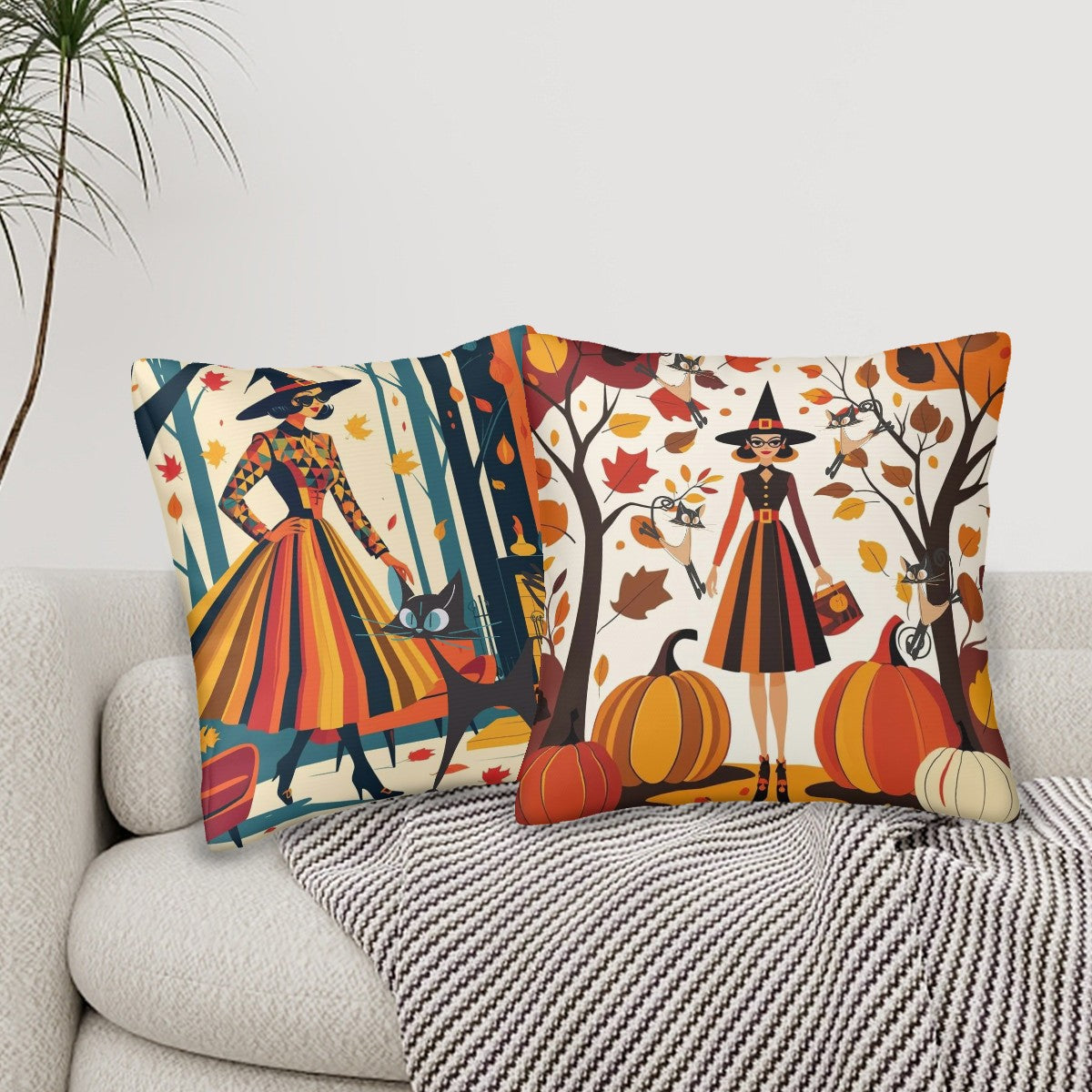 Mid Century Modern Fall, Halloween Kitschy Mod Witches, Atomic Quirky Cats Seasonal Pillow Covers - Mid Century Modern Gal