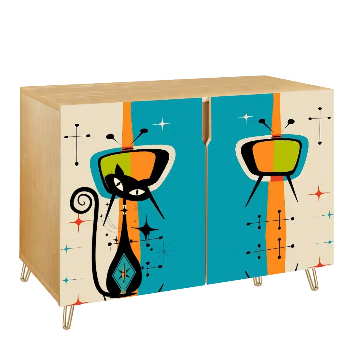 Mid Century Modern Atomic Cat, Retro TV Wooden Storage Cabinet - Mid Century Modern Gal