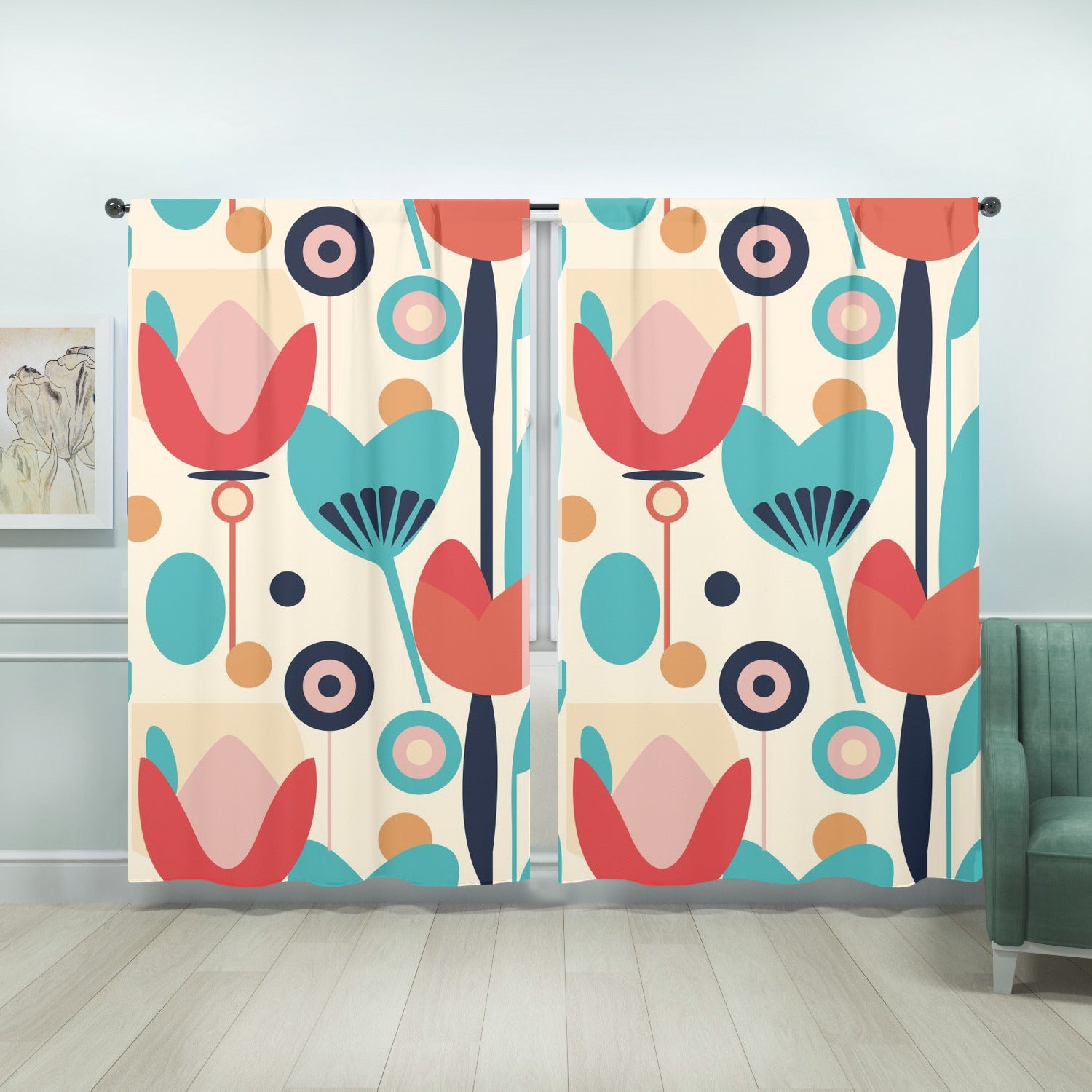 Retro Scandinavian Floral Mid Mod Window Curtains (two panels) - Mid Century Modern Gal