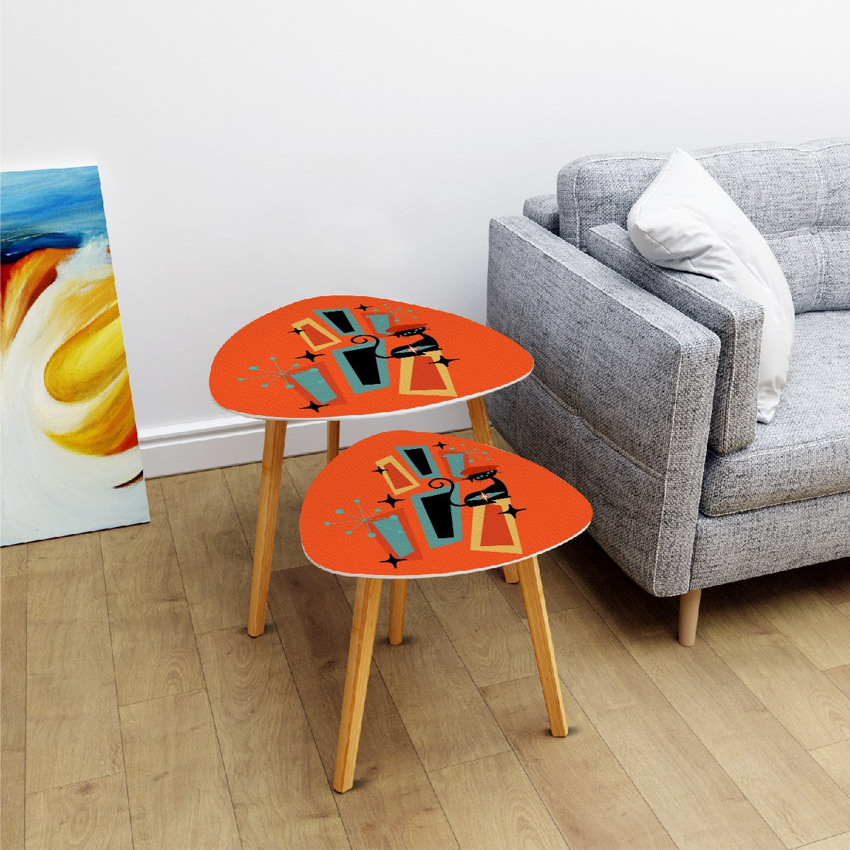 Mid Century Modern Nesting Tables, Orange, Atomic Kitschy Cat, Retro Triangle Coffee Table Set - Mid Century Modern Gal