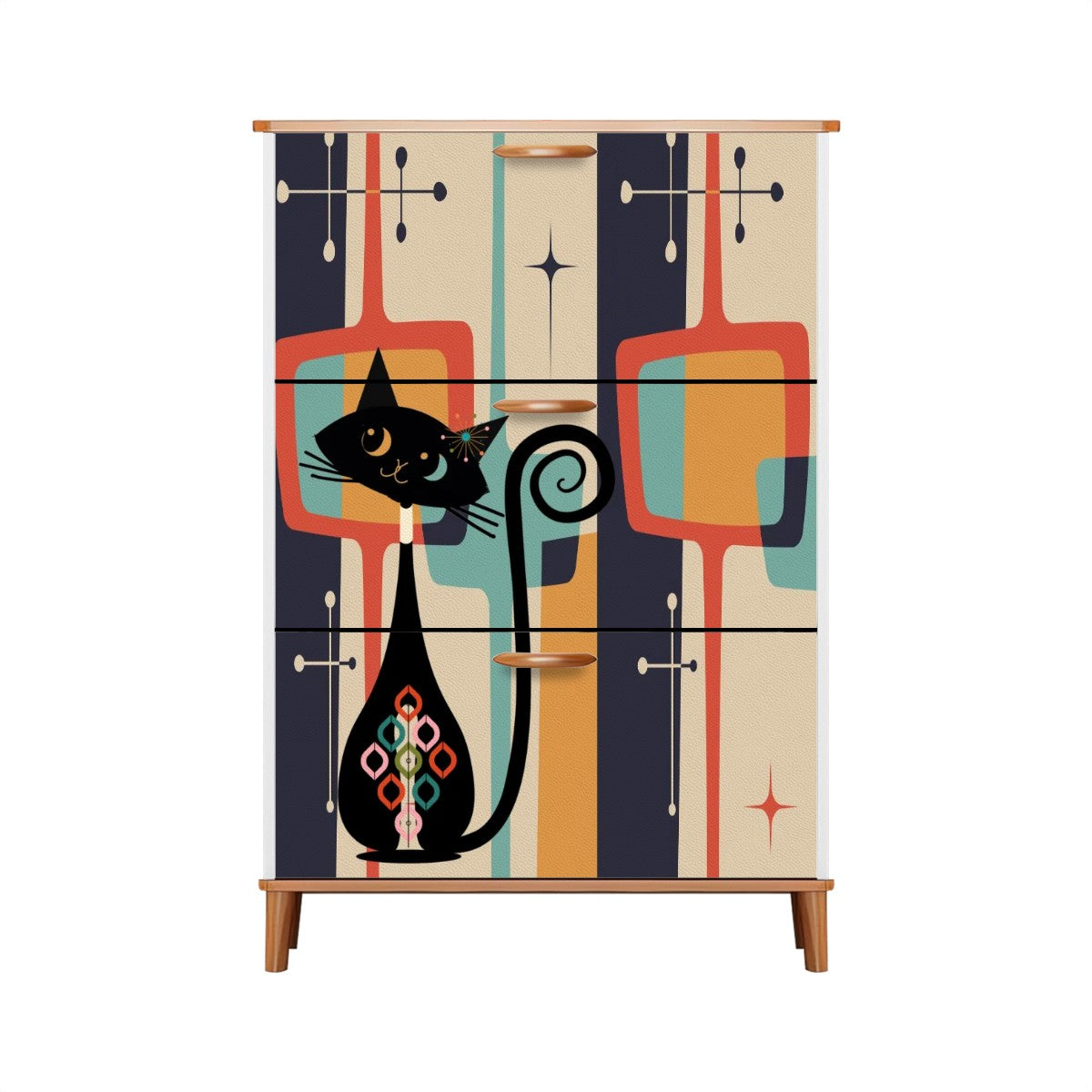 Mid Century Modern Atomic Cat, Mid Mod Geometric Designed Shoe Storage Cabinet - Mid Century Modern Gal