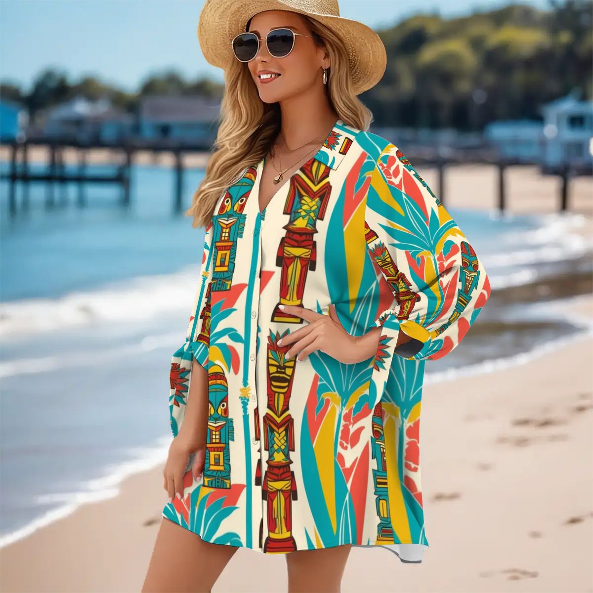Retro Tiki Summer Mod Vibes, Coverup Blouse Women's Cardigan Shirt Three-Quarter Sleeve - Mid Century Modern Gal