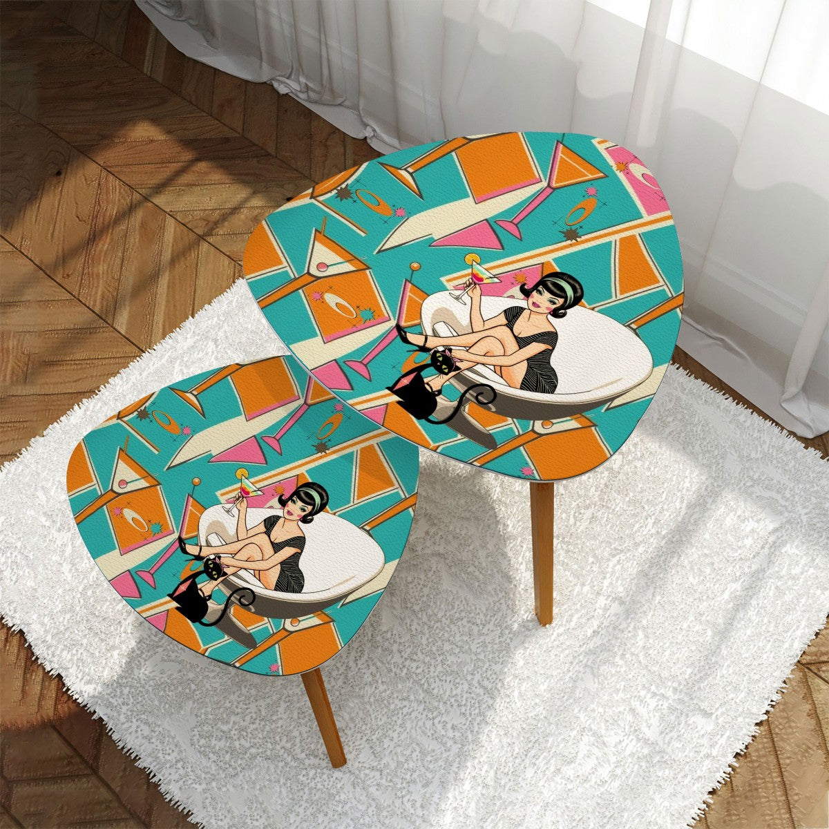 Atomic Cocktail Mid Century Modern Nesting Tables, Kitschy Mod Atomic Cat, Retro Gal, MCM Furniture - Mid Century Modern Gal
