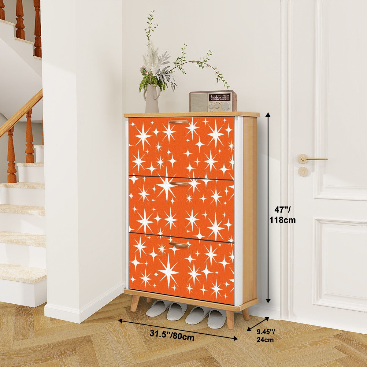 Atomic Starbursts Mid Century Modern Orange Retro Shoe Cabinet - Mid Century Modern Gal