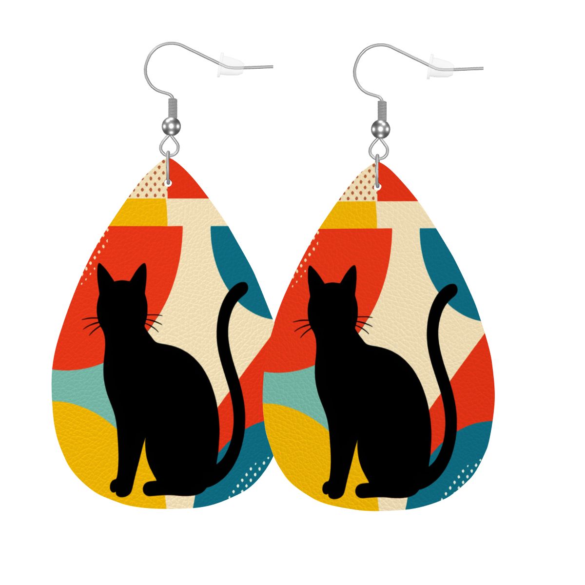 Pop Art Black Atomic Cats, Red Blue Yellow, Vegan Leather Teardrop Earrings - Mid Century Modern Gal