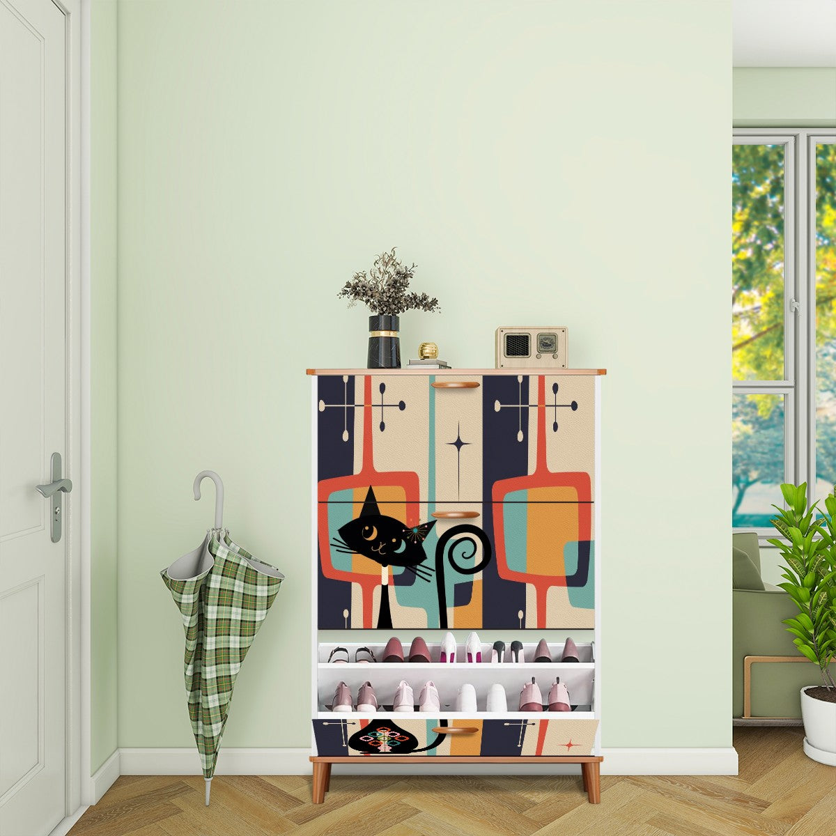Mid Century Modern Atomic Cat, Mid Mod Geometric Designed Shoe Storage Cabinet - Mid Century Modern Gal