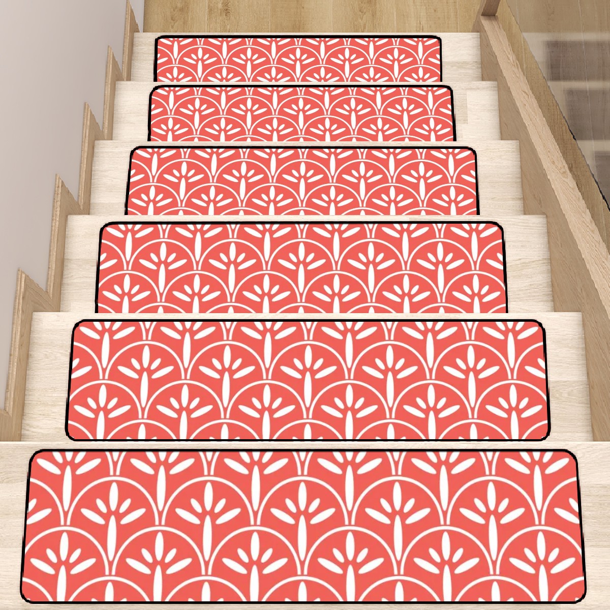 Art Deco Stair Tread Carpets | Coral And White Mid Century Modern Style Non Slip Carpet for Stairs Treads - Mid Century Modern Gal