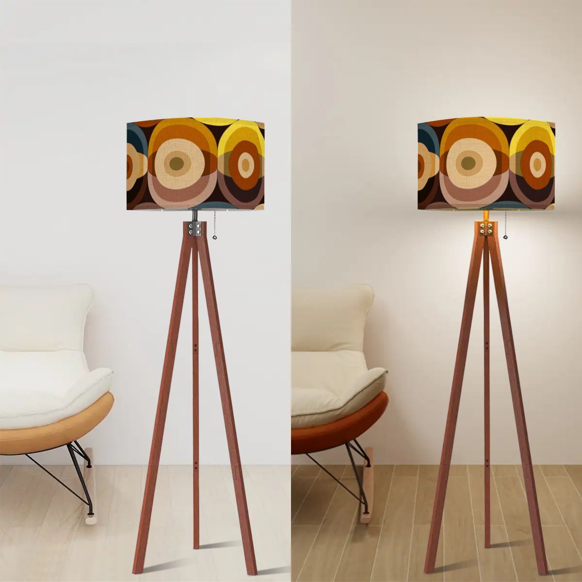Mid Century Modern Groovy 70s Orbs, Earthy Tones MCM Tripod Floor Lamp - Mid Century Modern Gal