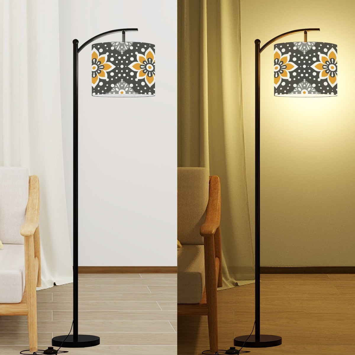 Floral Bohemian Retro Gray Yellow Modern Arc Floor Lamp - Mid Century Modern Gal