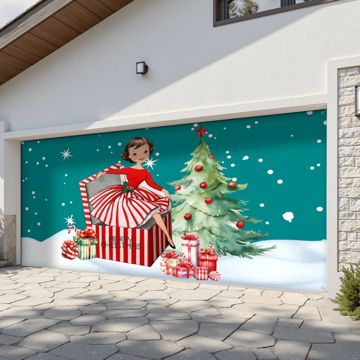 Mid Century Modern 50s Christmas Kitschy Modern Festive Garage Door Banner Backdrop - Mid Century Modern Gal