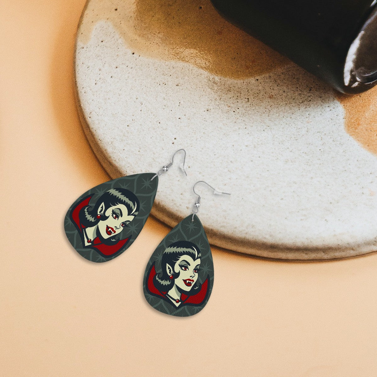 Vampire Dracula Girl Halloween Goth Horror Buff MCM Green Vegan Leather Teardrop Earrings - Mid Century Modern Gal