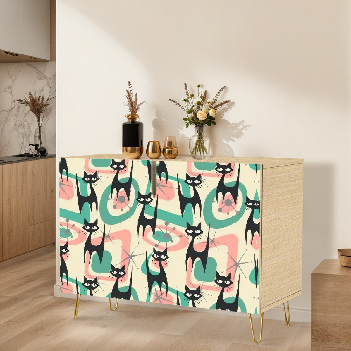 Mid Century Modern Retro Wooden Storage Cabinet With Atomic Cats - Mid Century Modern Gal