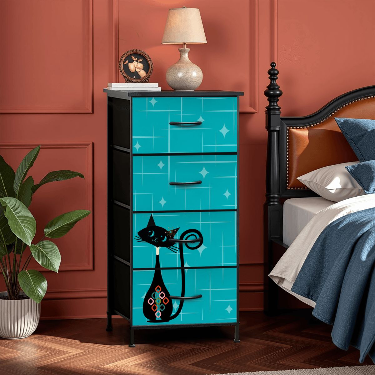 Atomic Kitschy Mod Cat, Teal, Mid Century Modern 4-Drawer Dresser - Mid Century Modern Gal