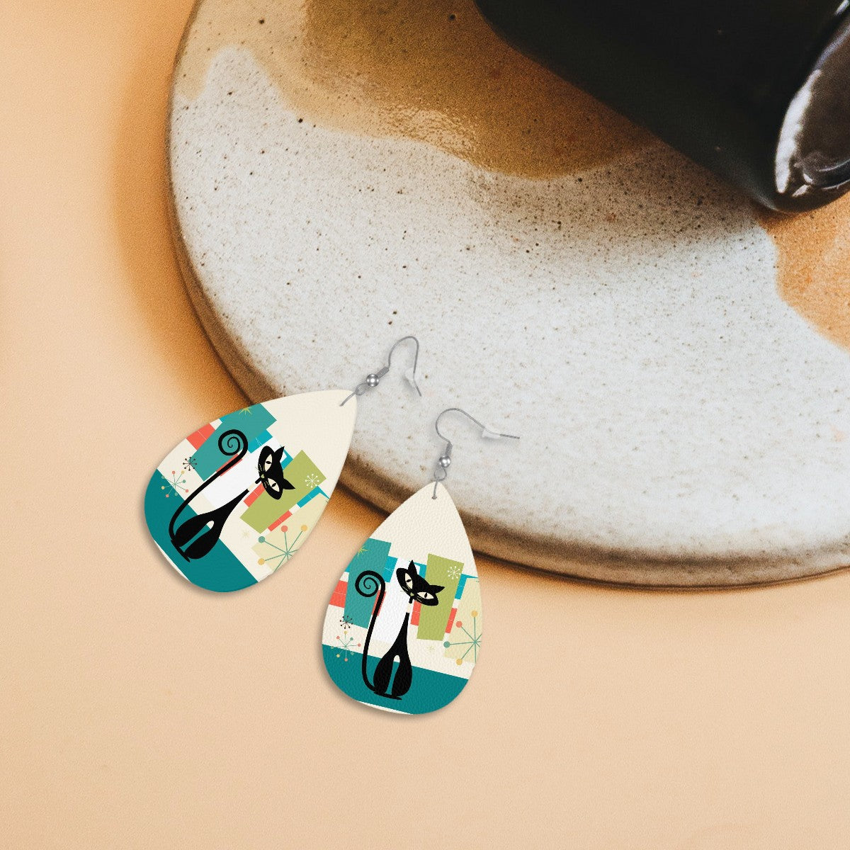 Mid Mod Atomic Kittie Vegan Leather Teardrop Earrings - Mid Century Modern Gal
