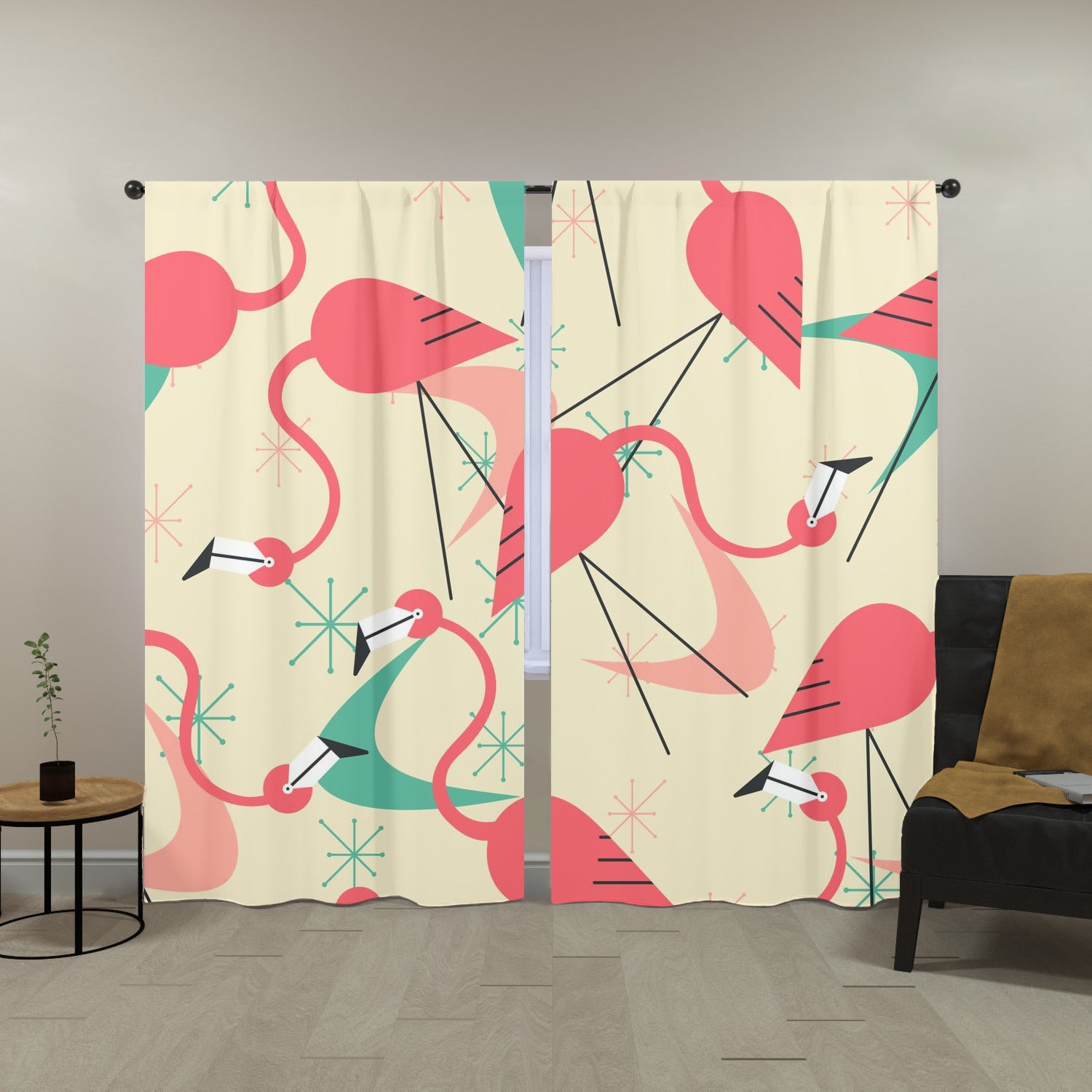 Mid Century Modern Flamingo Kitschy Fun Quirky Retro Window Curtains (two panels) - Mid Century Modern Gal