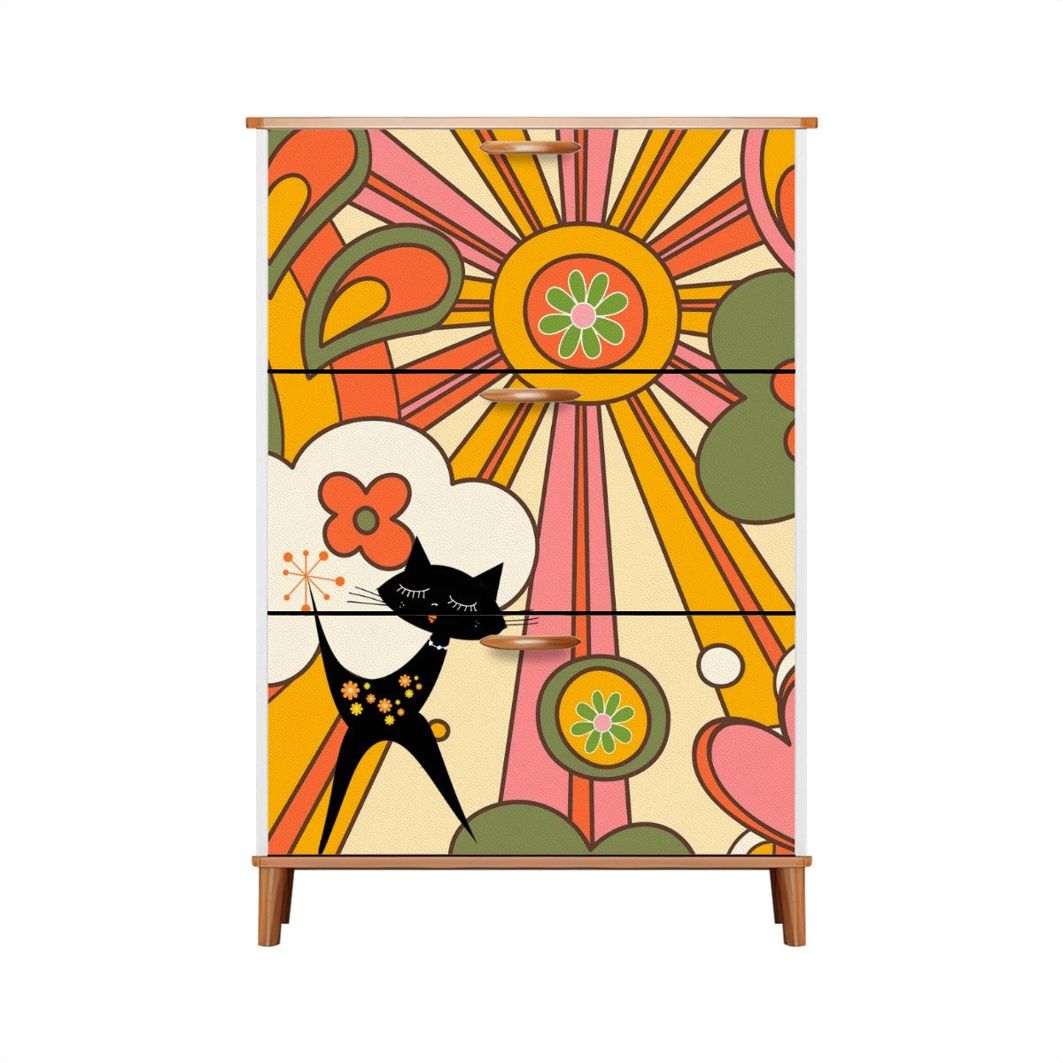 Retro Groovy 70s Sunshine Mid Mod Shoe Cabinet Adorned WIth Hippie Vibes And Atomic Cat - Mid Century Modern Gal