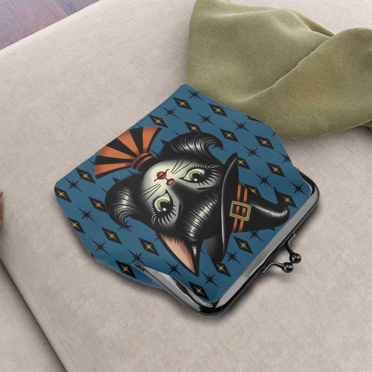 Vintage Halloween Black Cat Sexy Sexton Mid Century Modern Blue Coin Purse - Mid Century Modern Gal