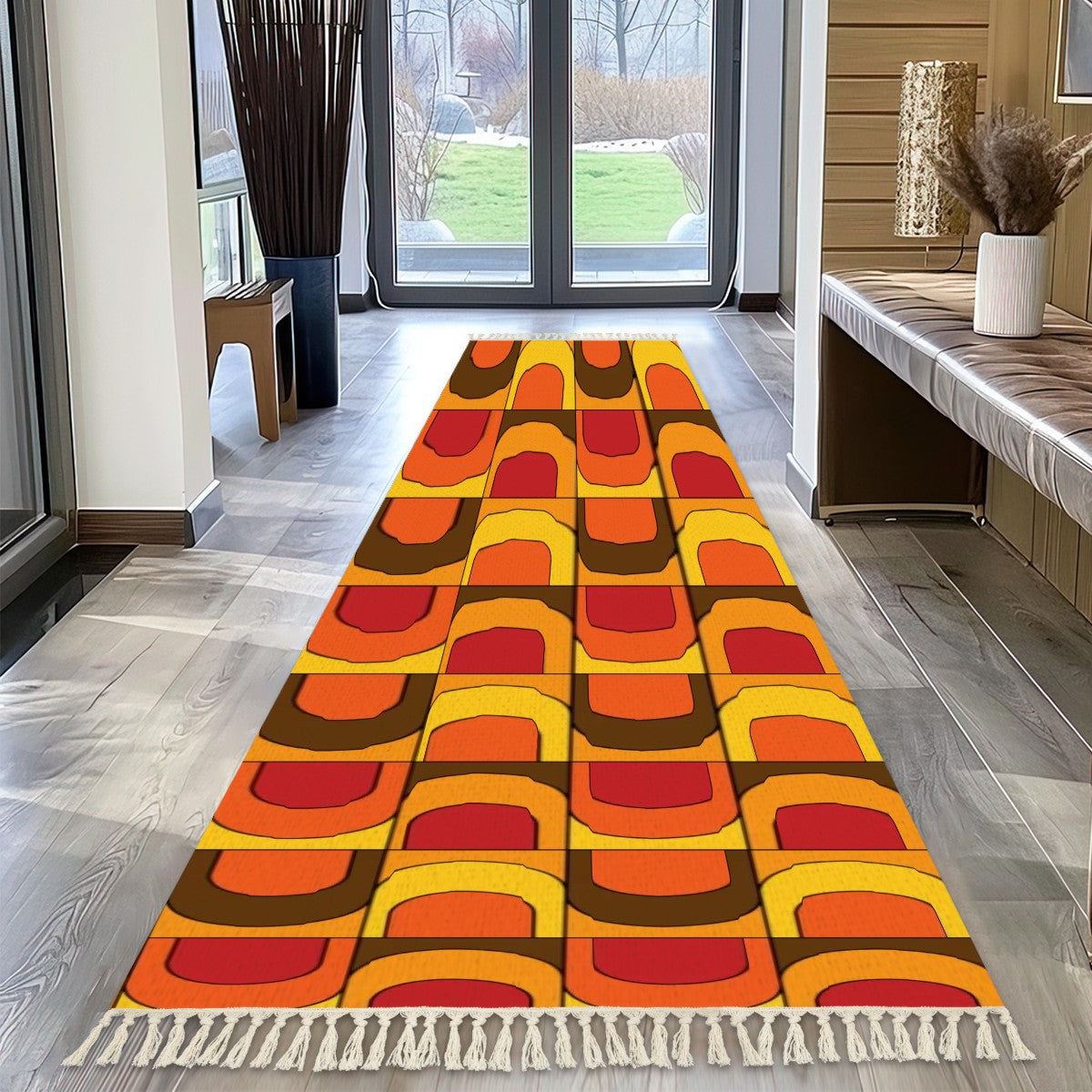 Mid Century Modern Groovy 70s Wave Brown Orange Yellow Rug Runner With Tassels - Mid Century Modern Gal