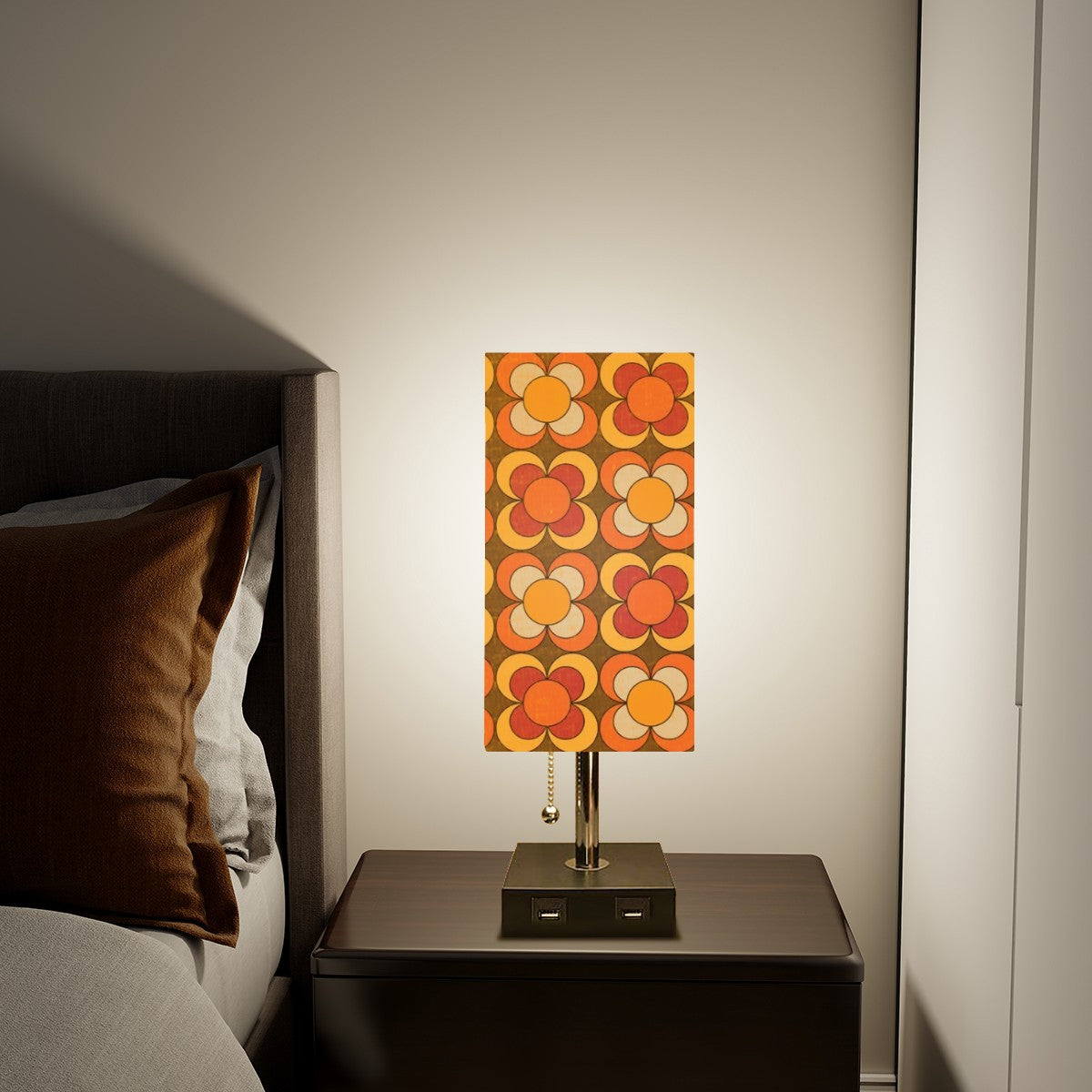 Retro Flower Orange Brown Yellow Red, Mod Floral Square Table Lamp - Mid Century Modern Gal