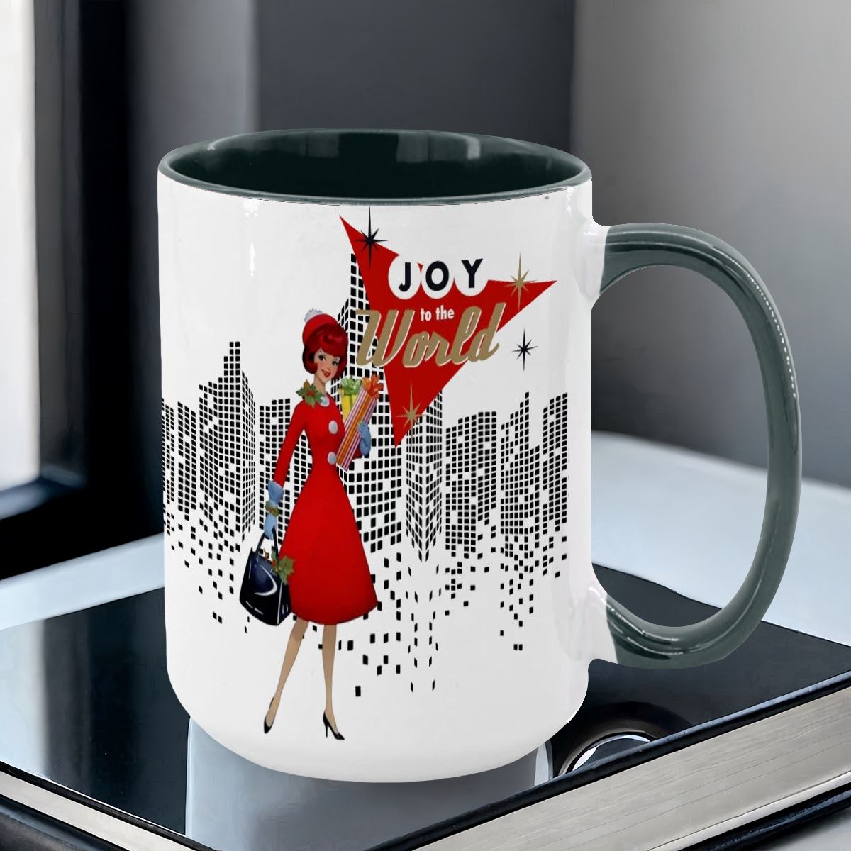 Mid Century Modern Christmas Joy To The World Mod Gal Cityscape Holiday Mug - Mid Century Modern Gal