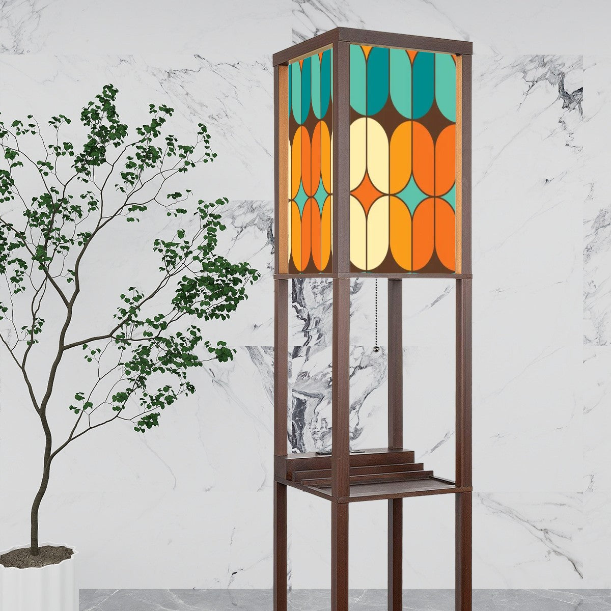 Mid Century Modern Orange Teal Geometric Pattern Floor Lamp with Shelves - Mid Century Modern Gal