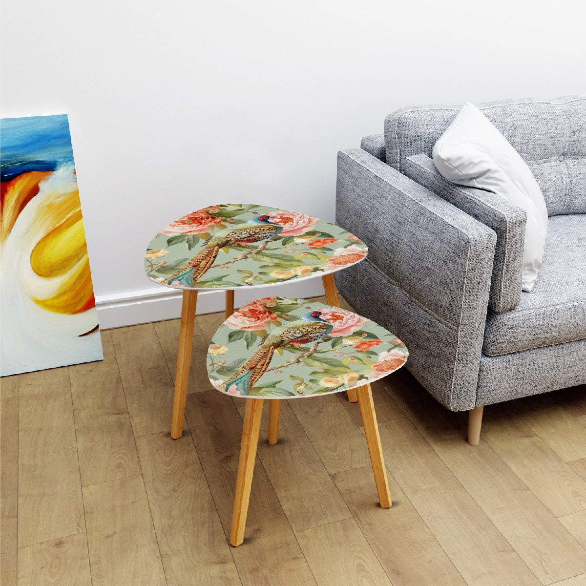 Chinoiserie Pheasant Floral Designed Modern Nesting Tables, Side Tables - Mid Century Modern Gal