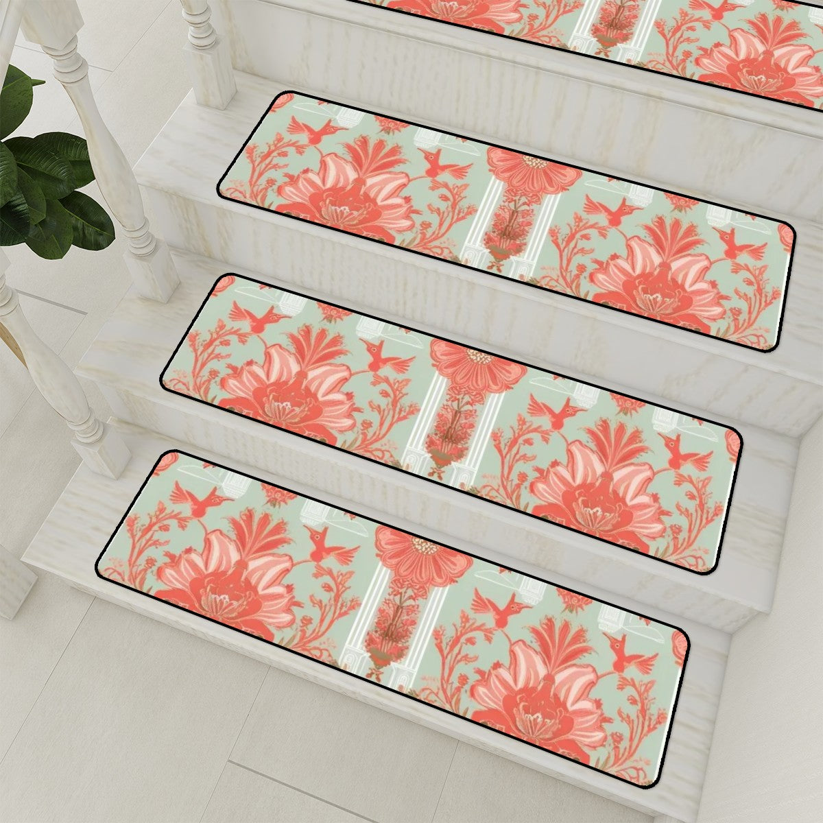Chinoiserie Elegant Floral, Coral, Green Non Slip Carpet for Stairs Treads - Mid Century Modern Gal