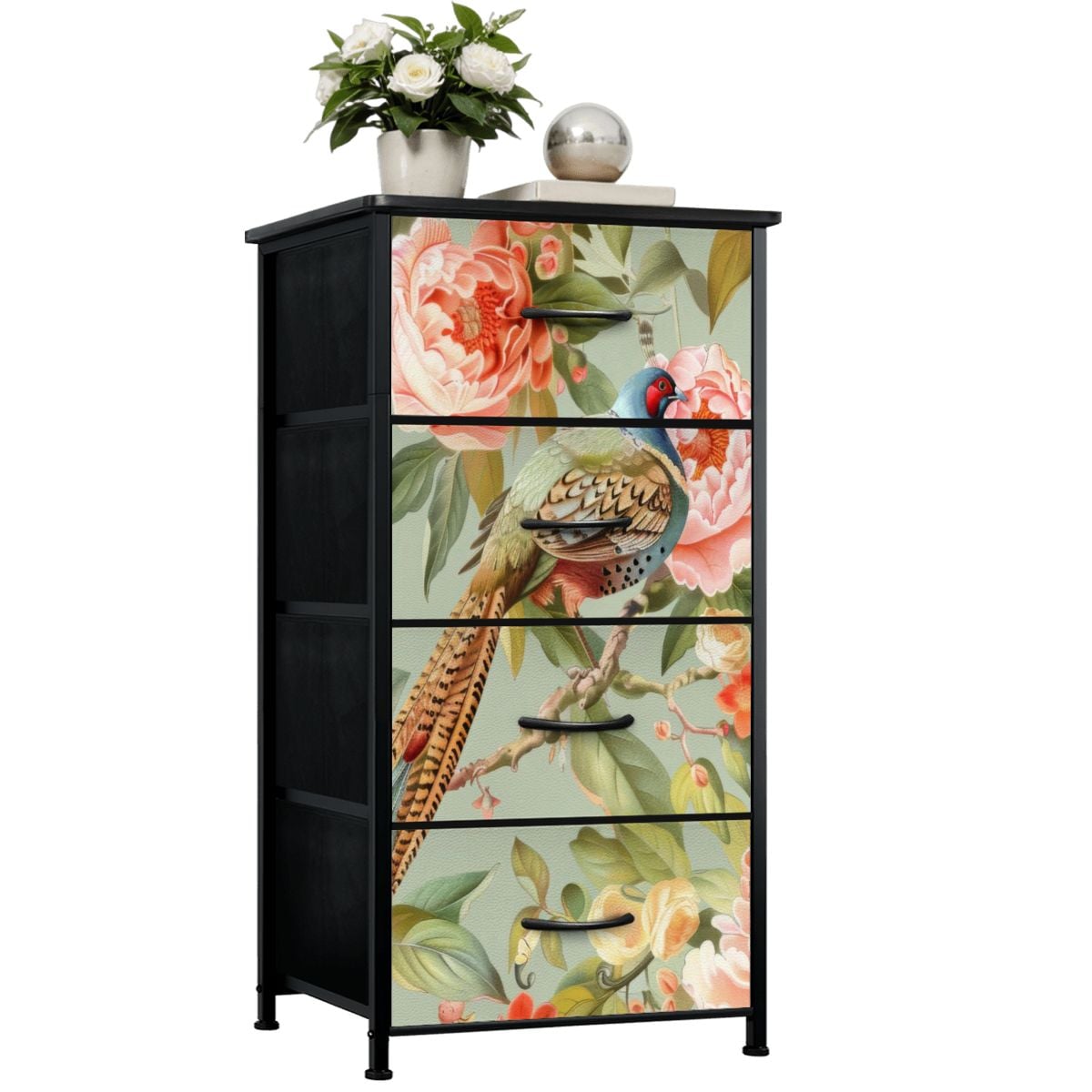 Chinoiserie Floral Pheasant Bird, Elegant Home Decor, Bohemian 4-Drawer Dresser (Made in USA) - Mid Century Modern Gal