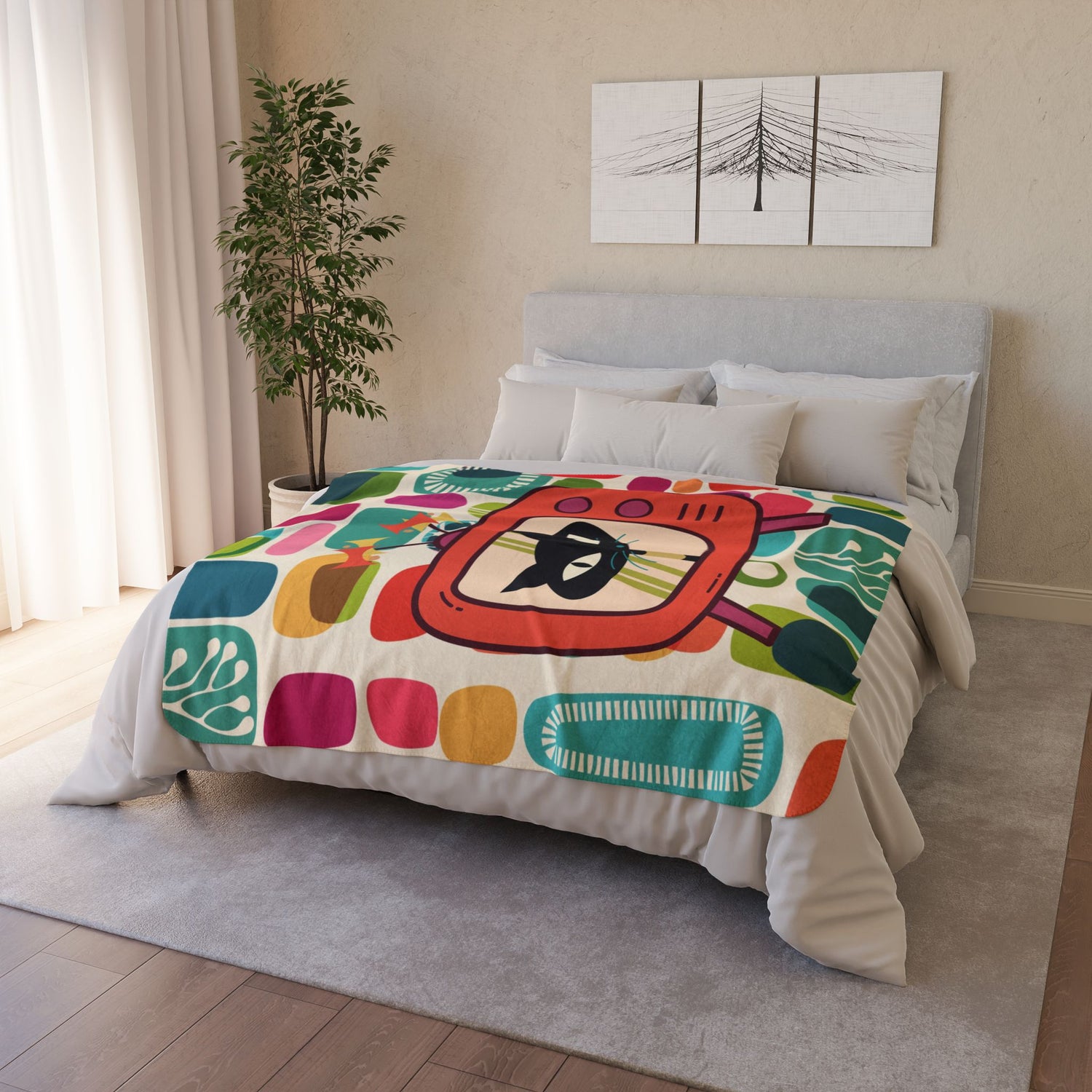 Mid Century Modern Amoeba Designed Atomic Cat Retro Mod Velveteen Microfiber Blanket - Mid Century Modern Gal