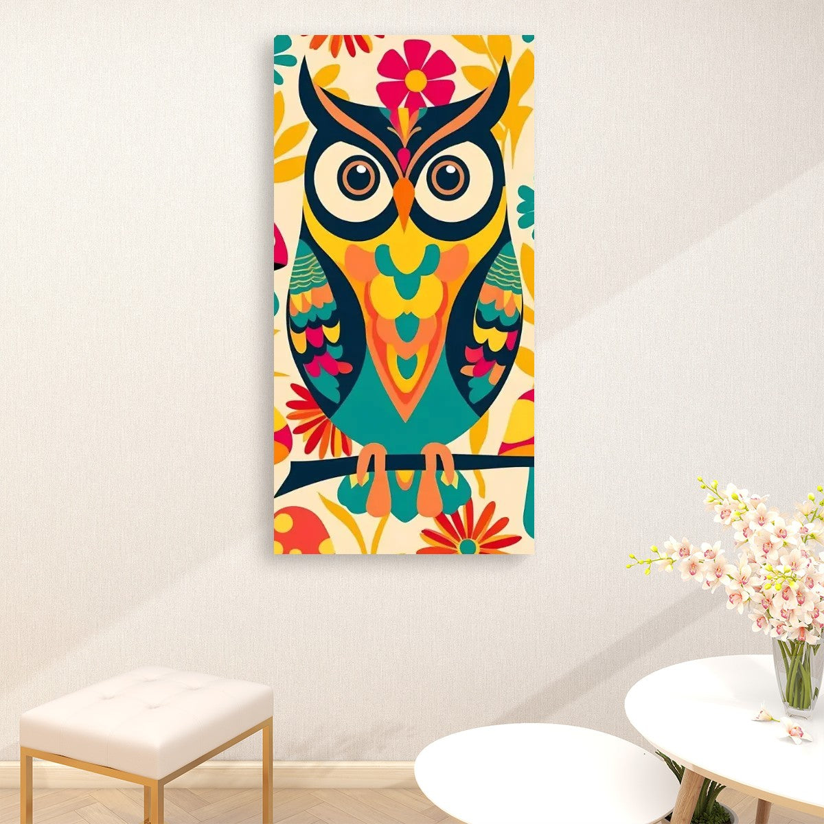 Retro Owl 70s Groovy Wall Art, Funky Fun Boho Colors Large Wall Canvas - Mid Century Modern Gal