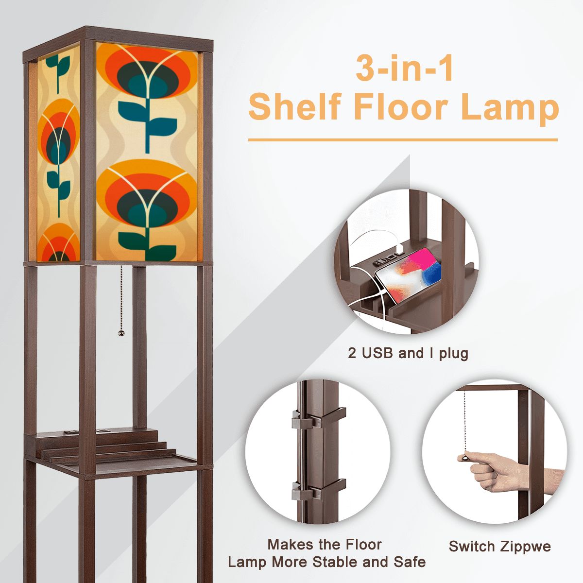 Scandinavian Flower Orange Blue, Retro Mid Century Modern Floor Lamp With Shelves - Mid Century Modern Gal