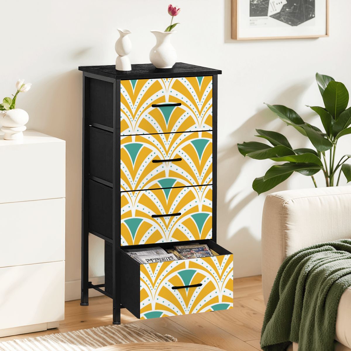 Art Deco Modern Yellow Teal 4-Drawer Dresser - Mid Century Modern Gal