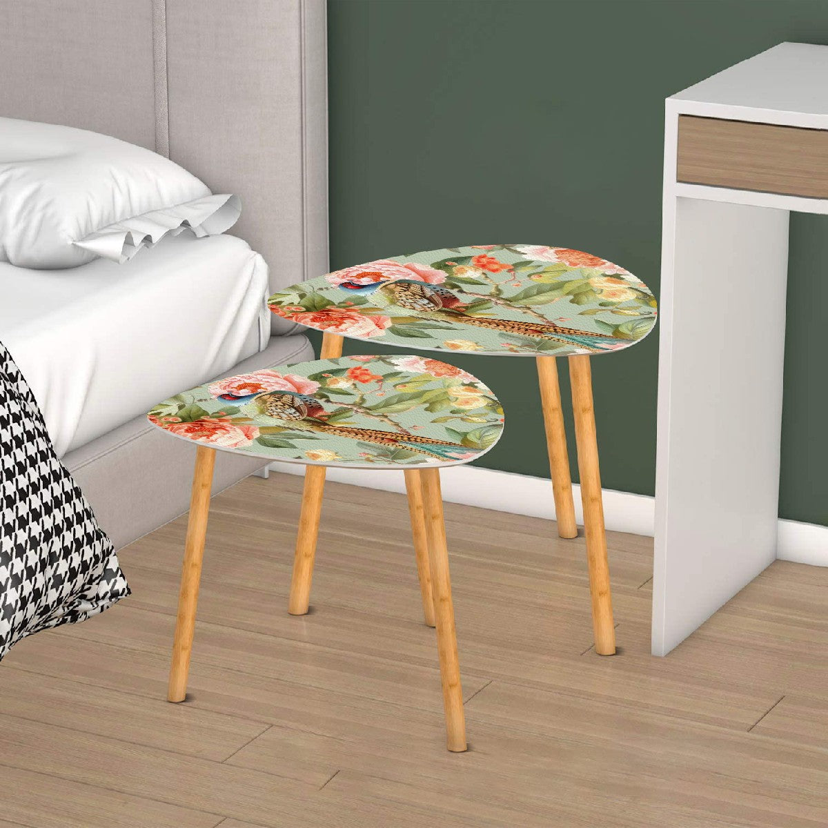 Chinoiserie Pheasant Floral Designed Modern Nesting Tables, Side Tables - Mid Century Modern Gal