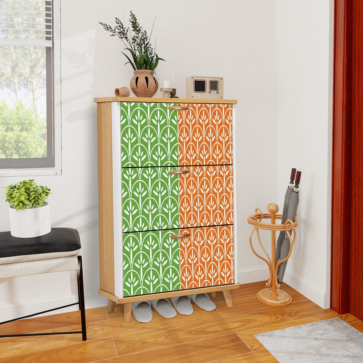 Art Deco Modern Shoe Storage Cabinet | Green Grass And Tangerine Orange Stylish & Functional Entryway Organizer - Mid Century Modern Gal