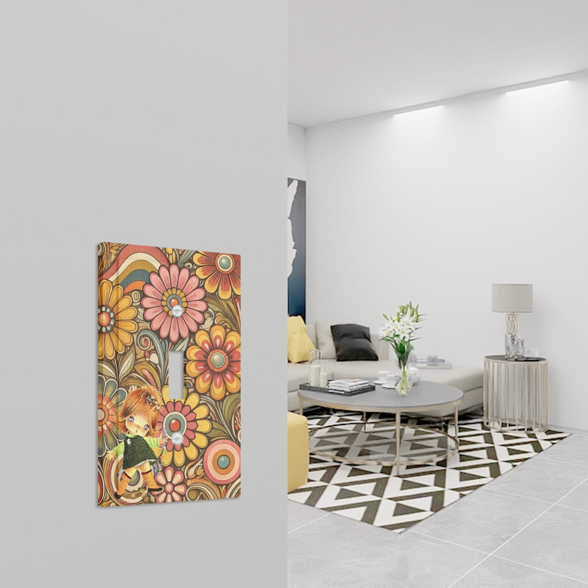 Retro Flower Power, Cute Big Eyed 70s Gal Leather Texture Switch Cover 1-Gang 1 Toggle - Mid Century Modern Gal