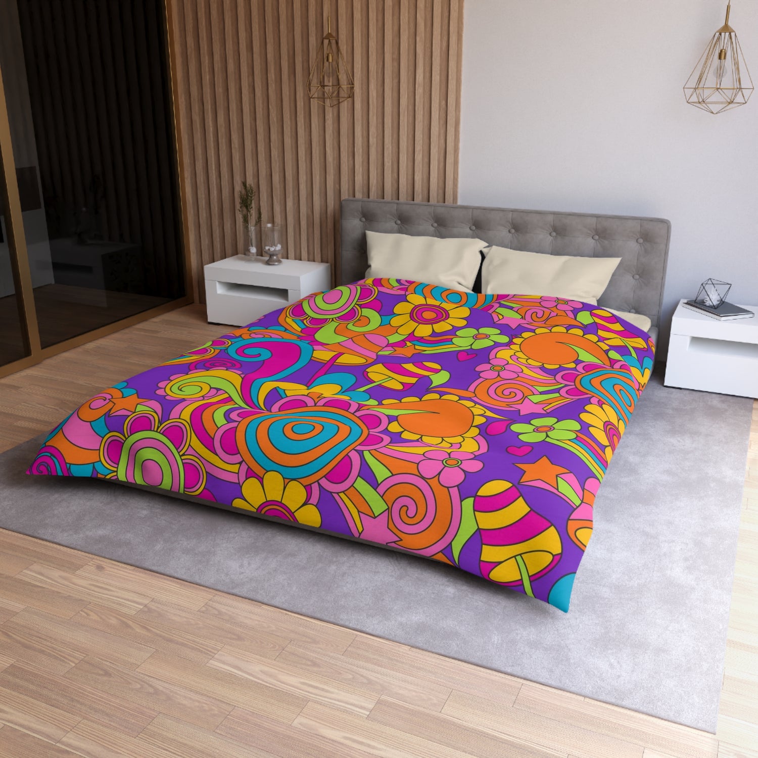 60s 70s Groovy Retro Purple, Pink Orange, Mushroom, Hippie Style Microfiber Duvet Cover - Mid Century Modern Gal