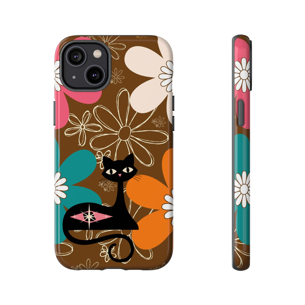 Atomic Cat Retro 70s Vibe Flower Power Tough Cases: Cute Floral and Cat Phone Case for Cat Lovers - Mid Century Modern Gal