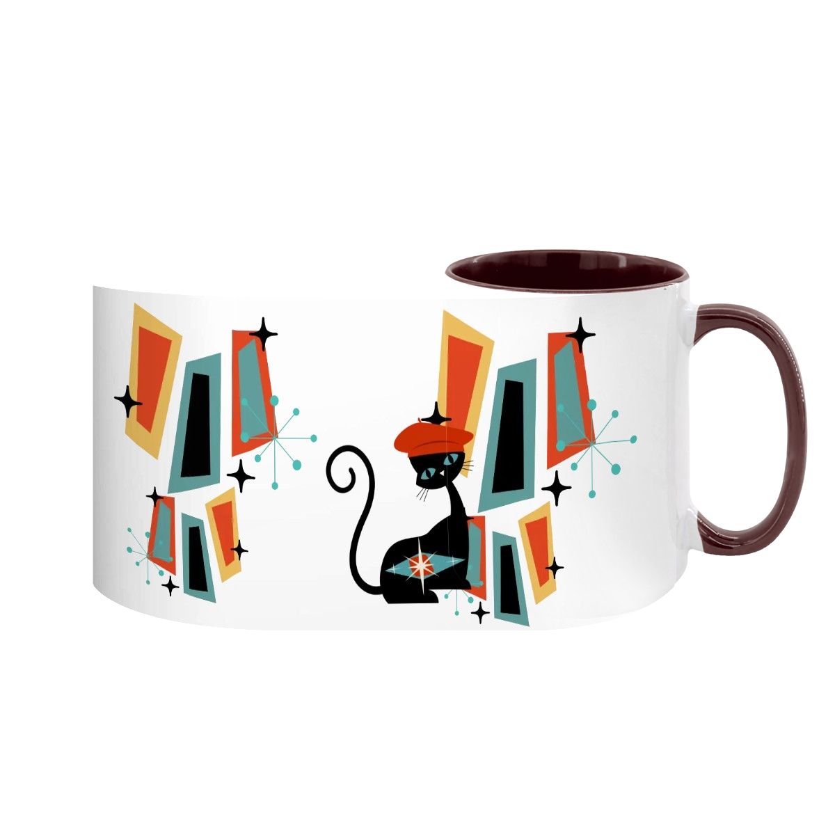 Mid Century Modern coffee mug featuring an atomic cat design with geometric shapes in vibrant colors.