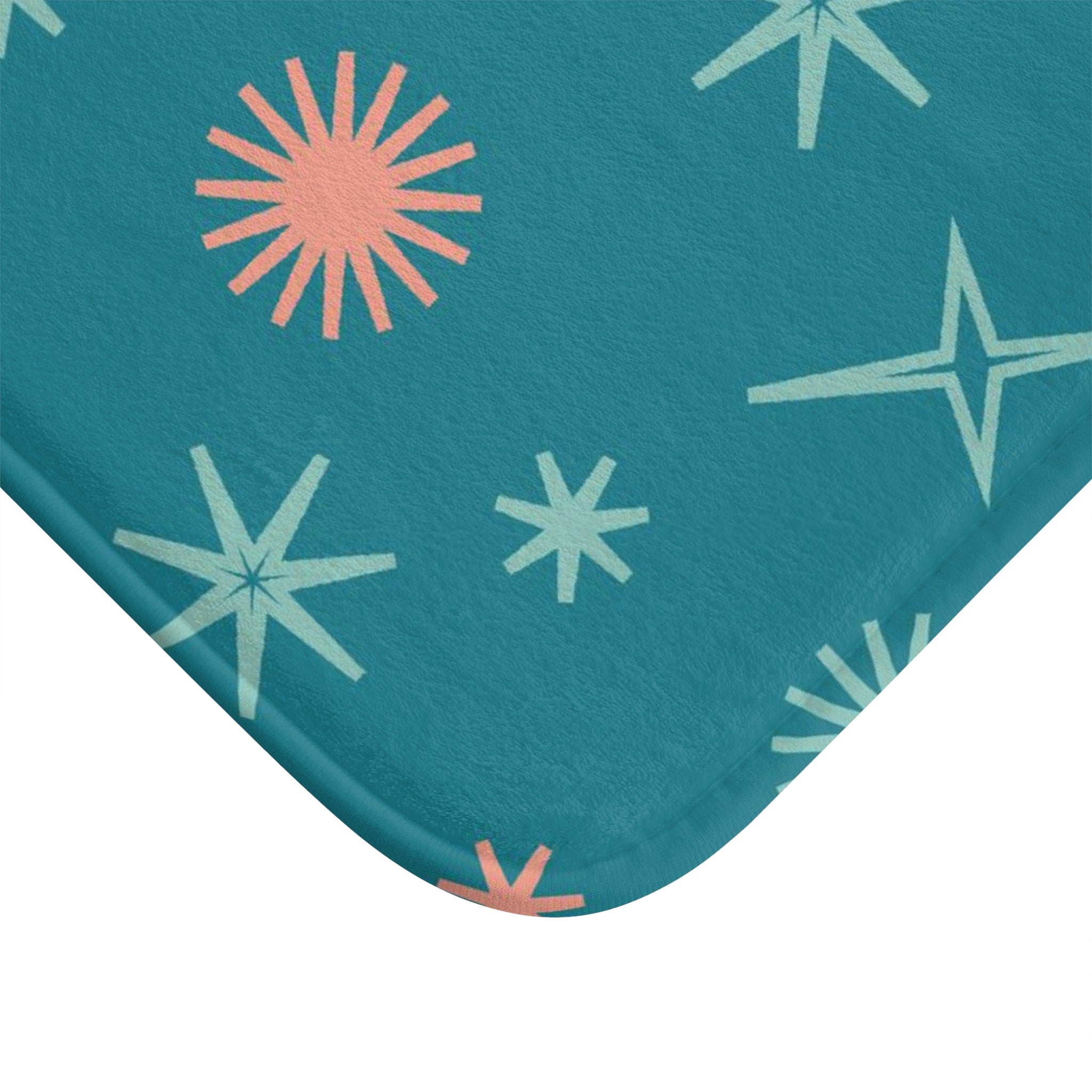 Mid Century Modern Starburst Bath Mat In Teal, Coral Pink, White Kitschy Fun Bath Decor - Mid Century Modern Gal