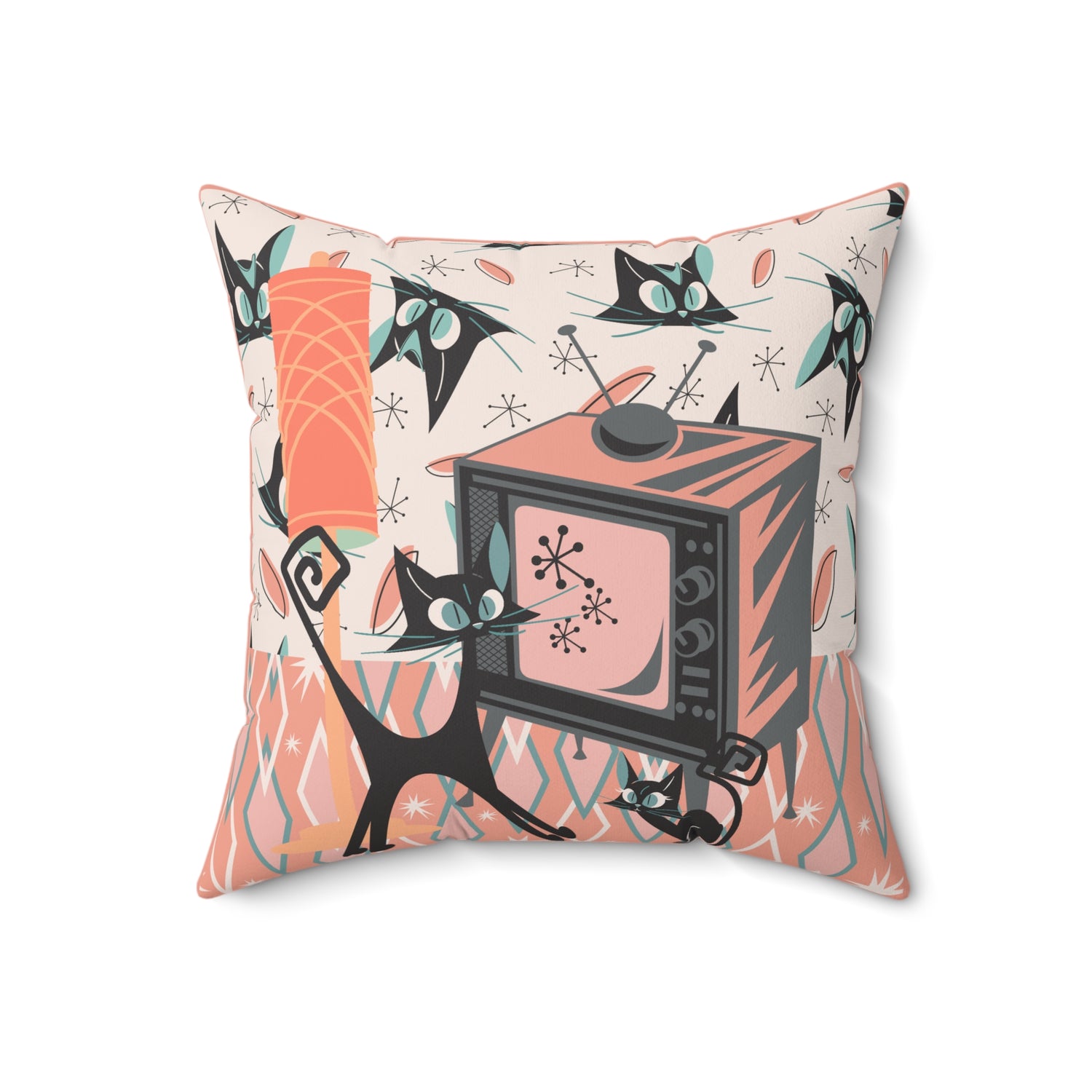 Atomic Cat Pillow, Retro TV, Kitschy Fun, Whimsical Quirky 50s Mid Century Modern Pillow And Insert, Coral Pink, Teal, Creamy Beige - Mid Century Modern Gal