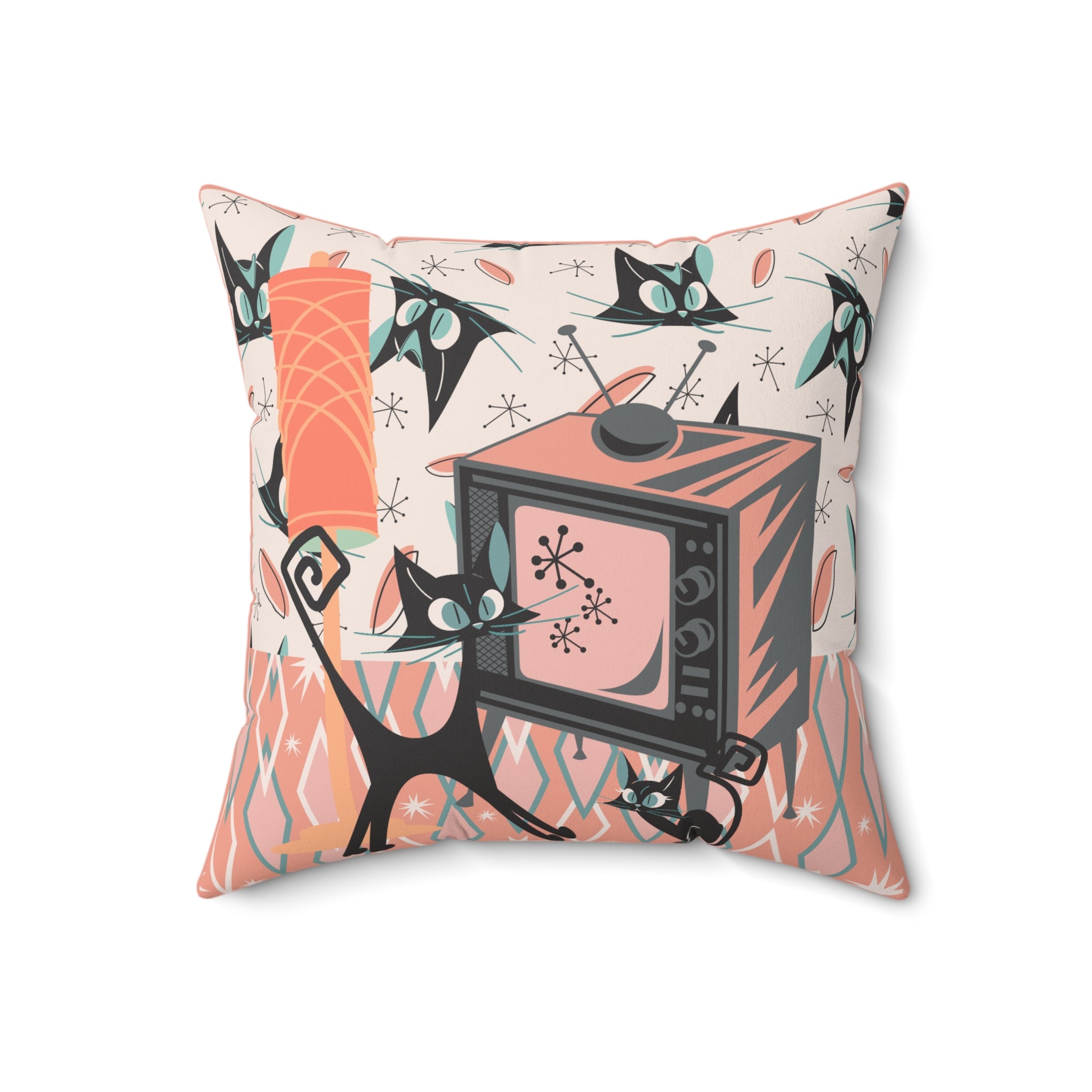 Atomic Cat Pillow, Retro TV, Kitschy Fun, Whimsical Quirky 50s Mid Century Modern Pillow And Insert, Coral Pink, Teal, Creamy Beige - Mid Century Modern Gal