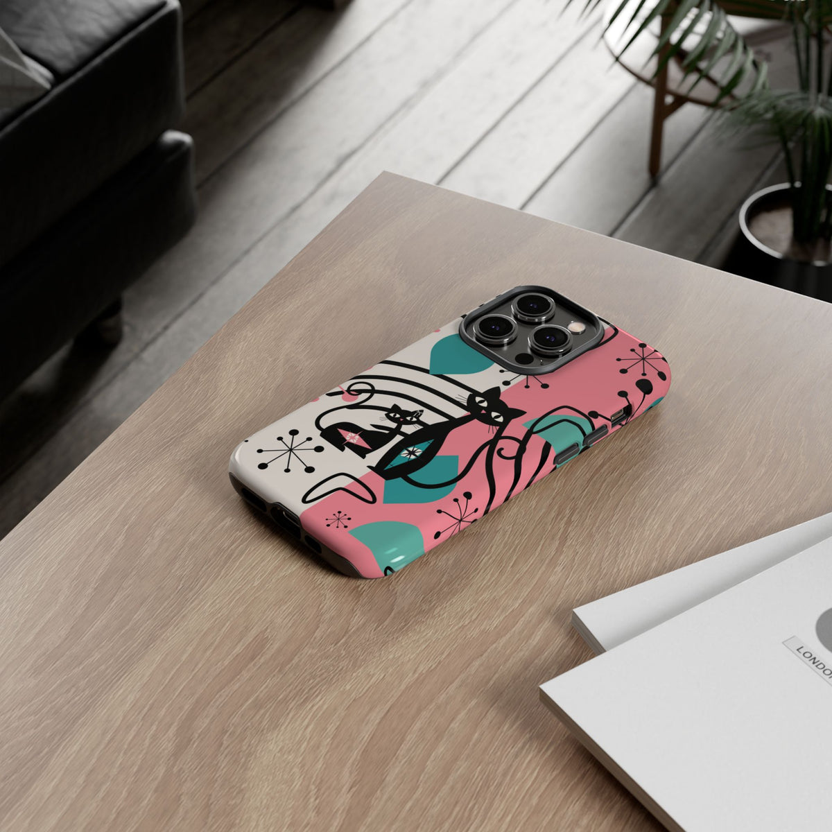 Mid Mod Atomic Cat Boomerang Starburst, Pink, Black Kitschy Stylish Cat Phone Case: Modern Design for Cat Lovers