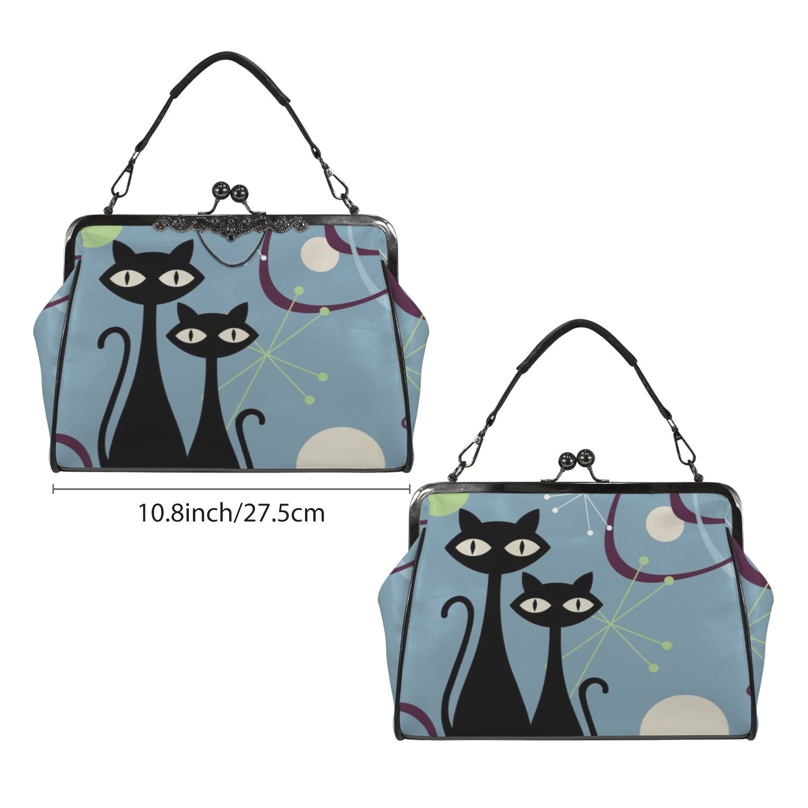 Atomic Cat Kitschy Fun Blue Boomerang Design Modern Kisslock Crossbody Purse - Mid Century Modern Gal
