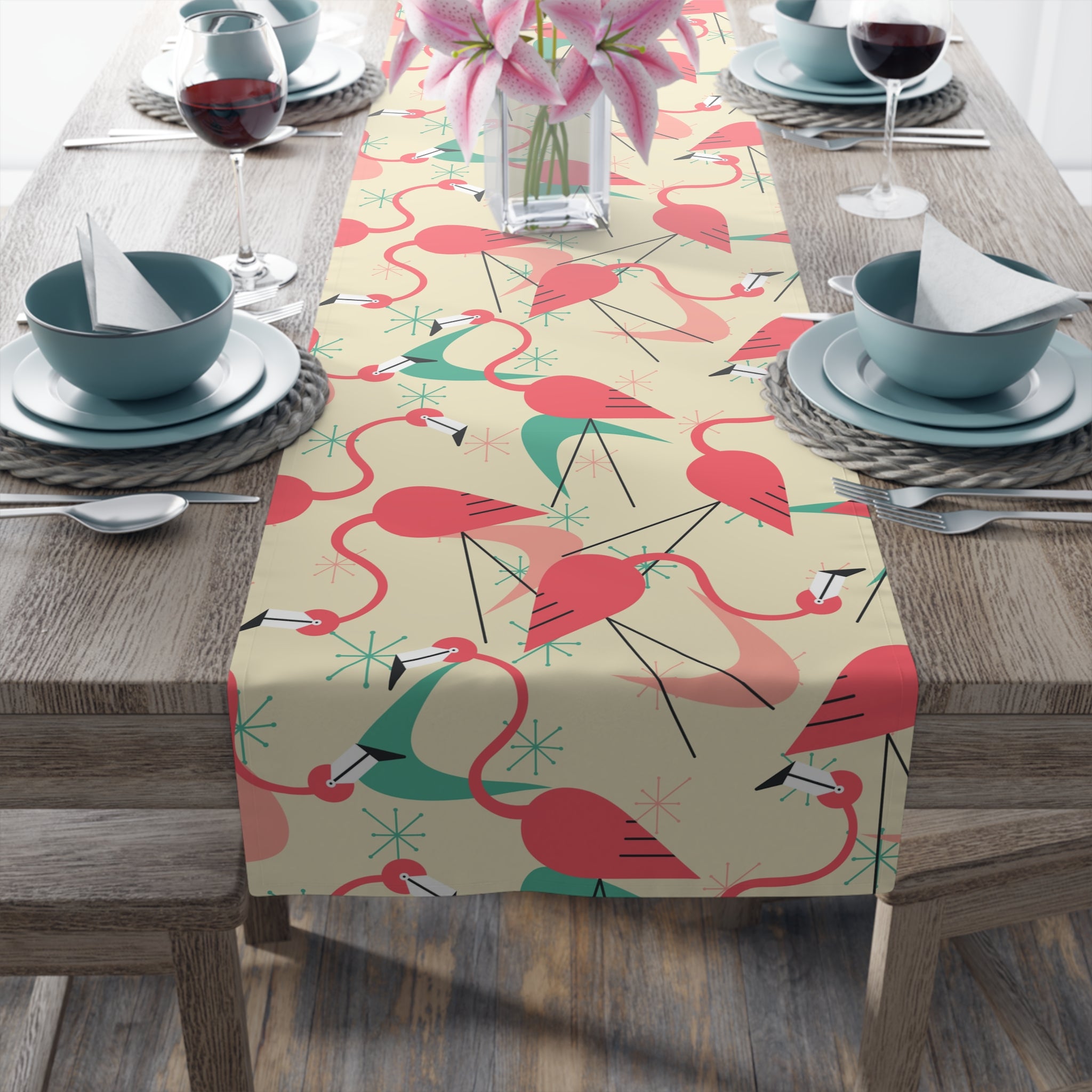 Retro Kitschy Tropical Flamingo Summer Vibes, Palm Spring California Table Runner for Summer Parties & Home Decor - Mid Century Modern Gal